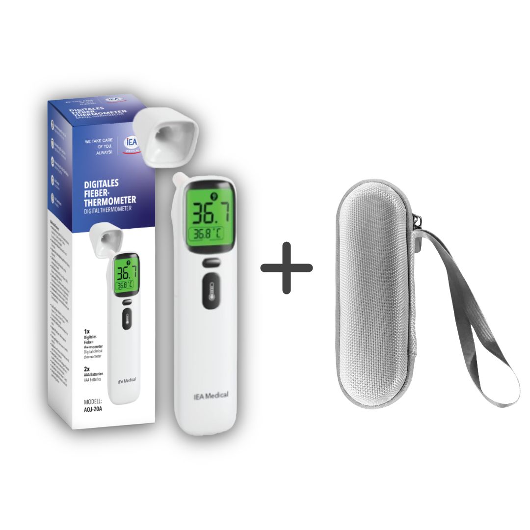 Digitales Fieberthermometer, weiß, mit Display, grauer Aufbewahrungstasche und Verpackung. IEA Medical.