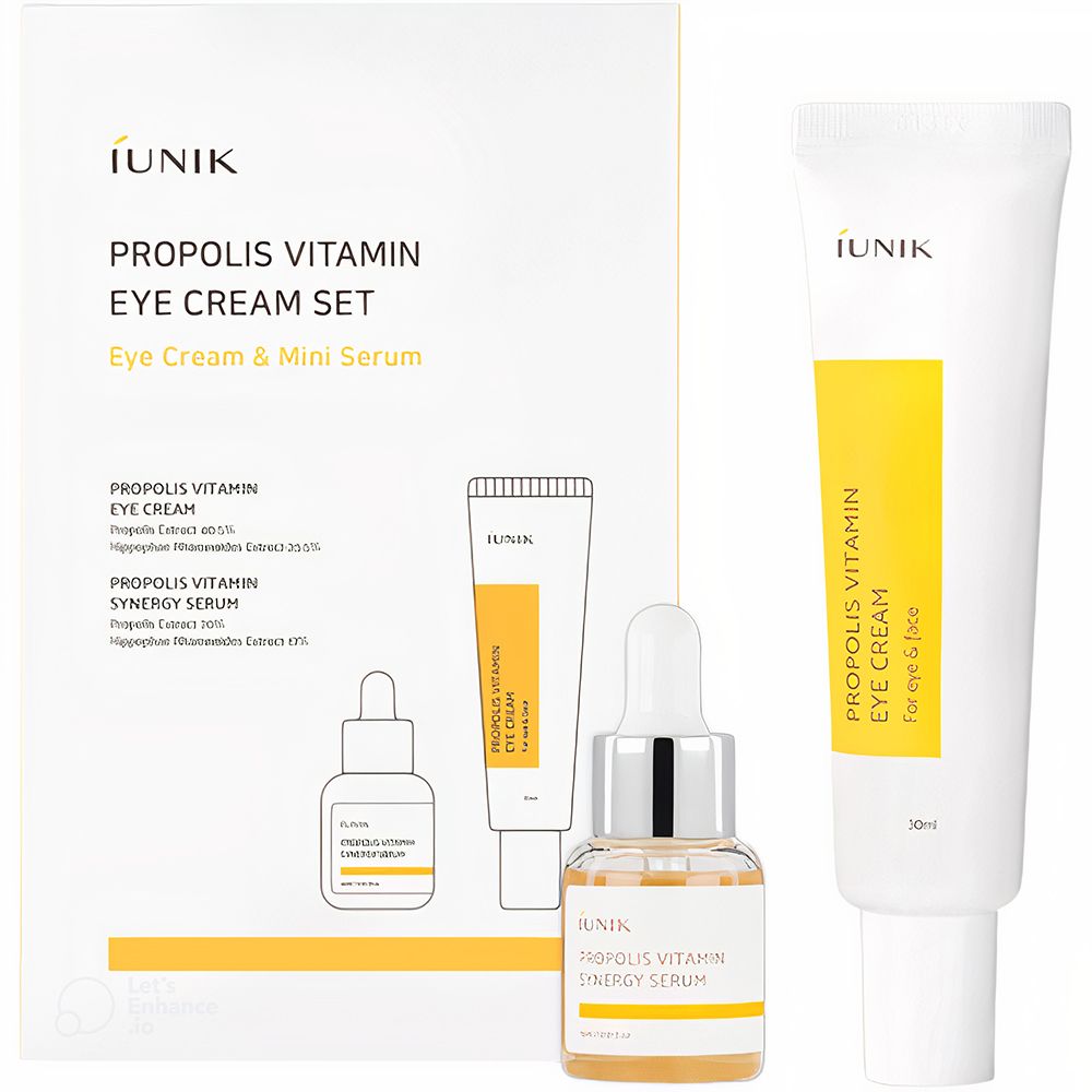 IUNIK Propolis Vitamin Eye Cream Set. Enthält Augencreme und Mini-Serum. Weiße Verpackung mit gelben Akzenten. Produkte nebeneinander.