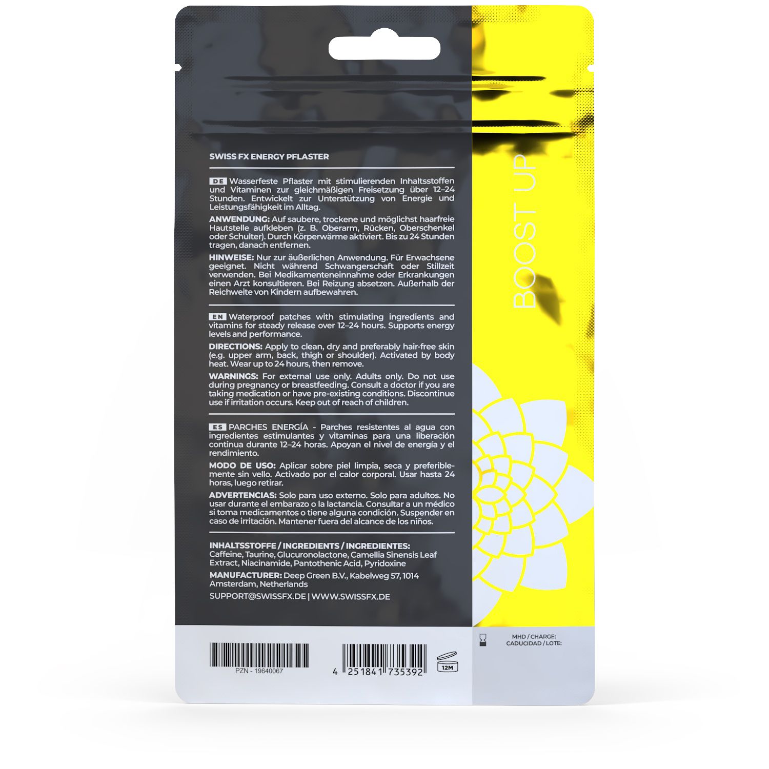 Rückseite der SWISS FX Energy Pflaster Verpackung mit Anwendungshinweisen und Inhaltsstoffen. Enthält 3 Patches.