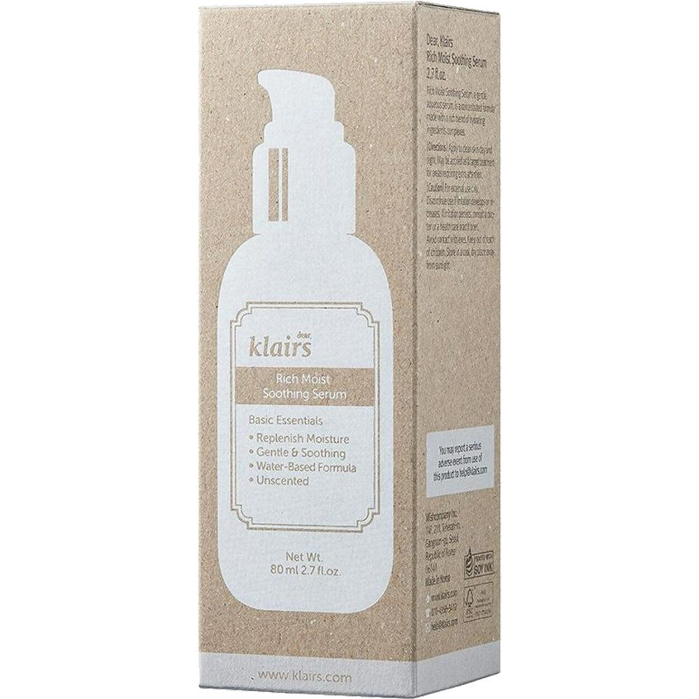 Produktverpackung von Klairs Rich Moist Soothing Serum. Karton mit Umrisszeichnung der Flasche.