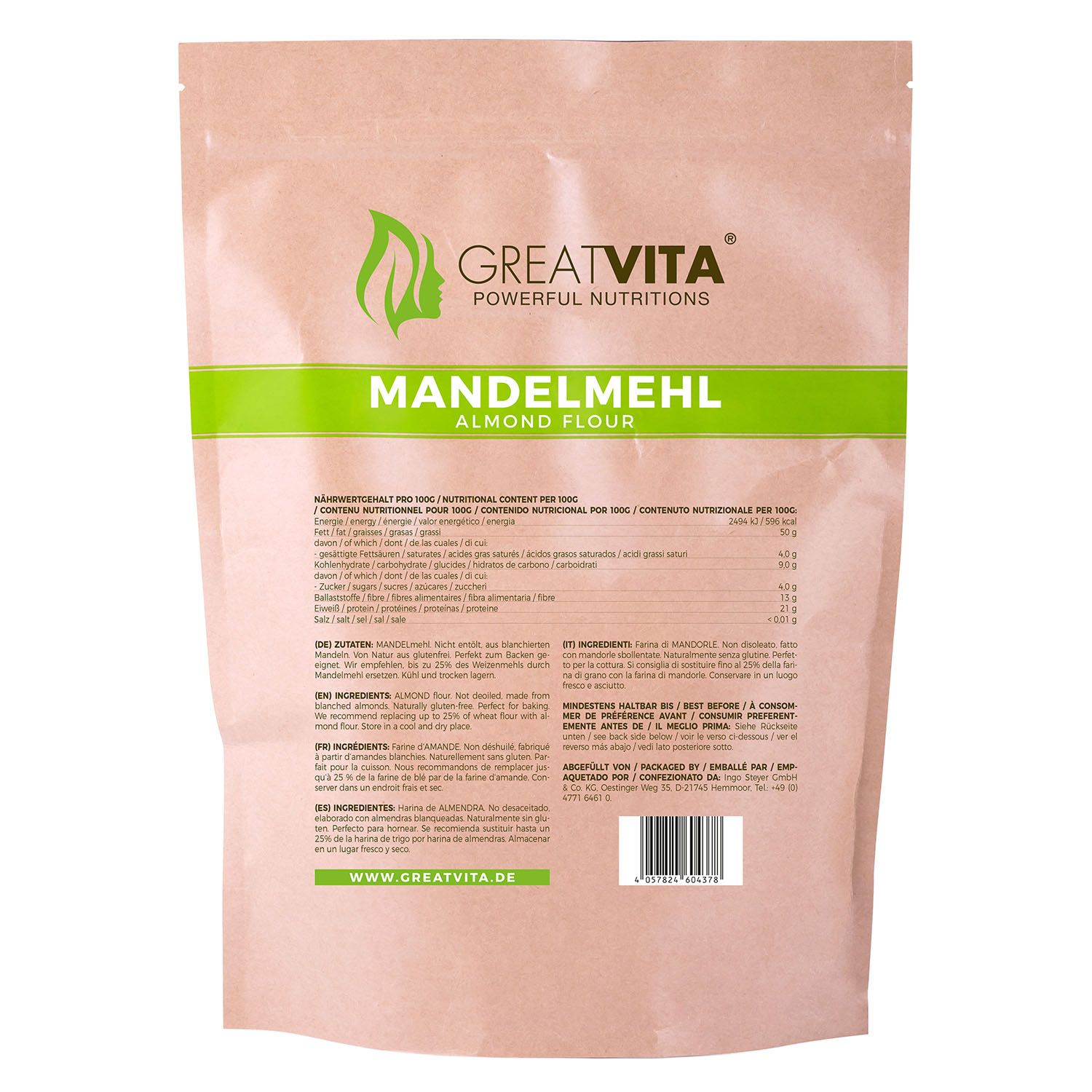 Beutel Mandelmehl, Marke GreatVita. Grün-weiße Schrift auf braunem Papier. Enthält Nährwertangaben. Text: Mandelmehl, Almond Flour.