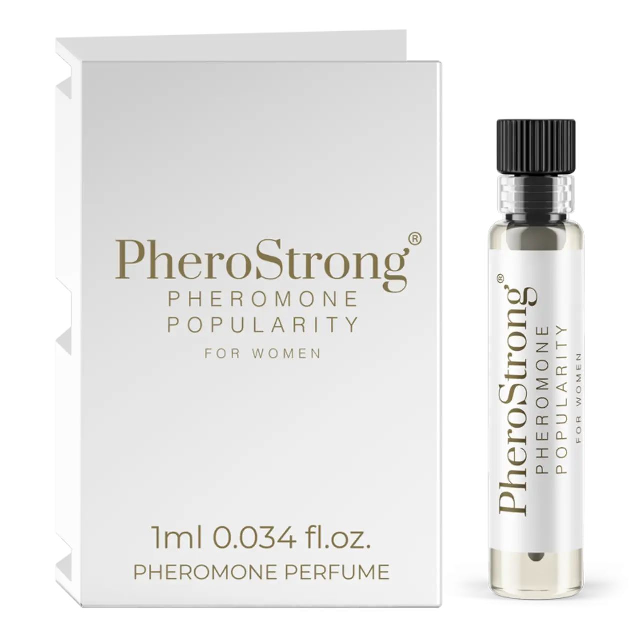 Weiße Schachtel und Flakon. Aufschrift: PheroStrong Pheromone Popularity für Frauen. Flakon: 1ml, 0.034 fl.oz. Pheromone Parfum.