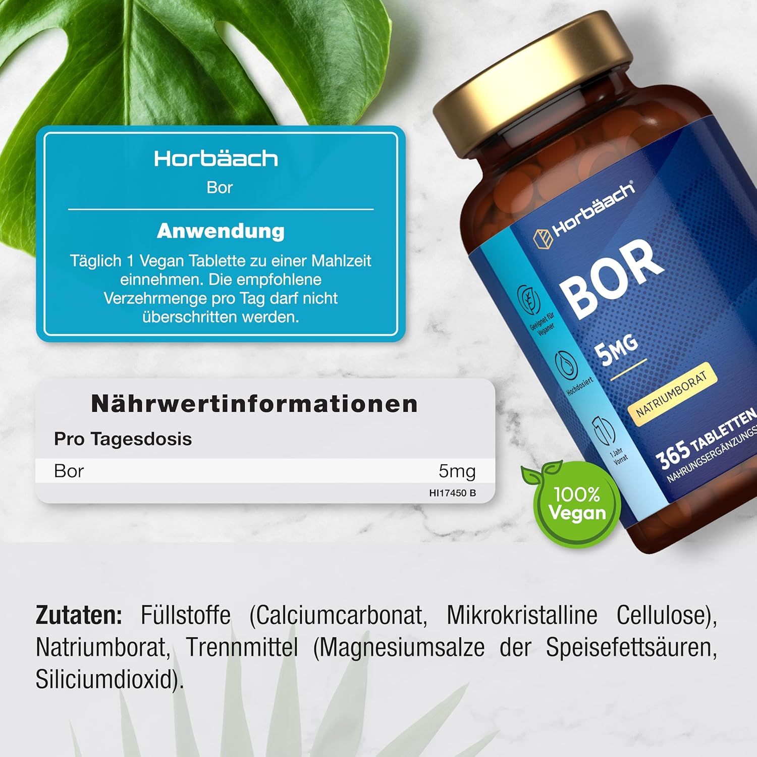 Horbaach Bor Tabletten Flasche. Blaue Etikett mit BOR 5MG, Natriumborat, 365 Tabletten. 100% Vegan. Text: Anwendung, Nährwertinformationen, Zutaten.