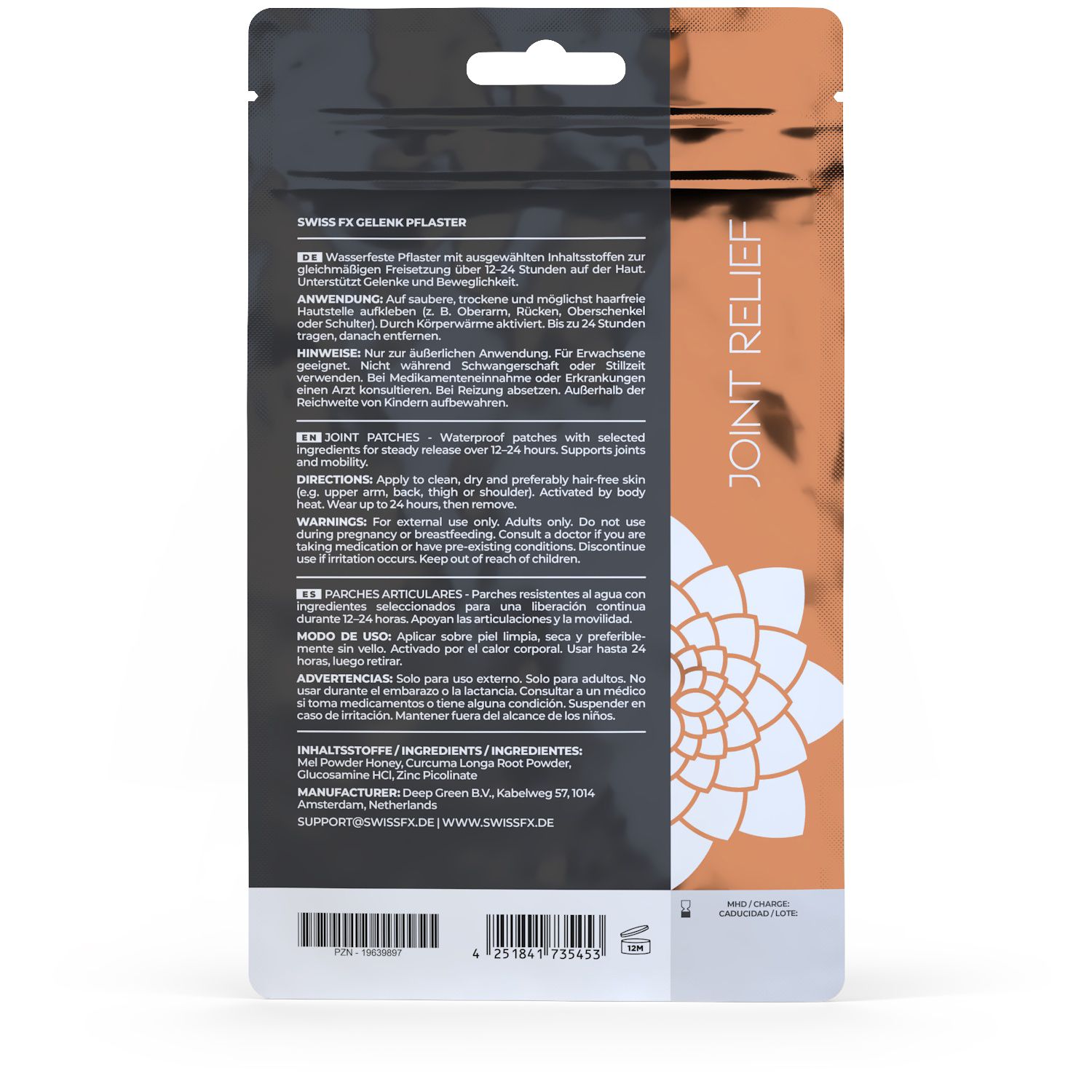 Rückseite der SWISS FX Gelenk Pflaster Packung mit Anwendungshinweisen und Inhaltsstoffen.