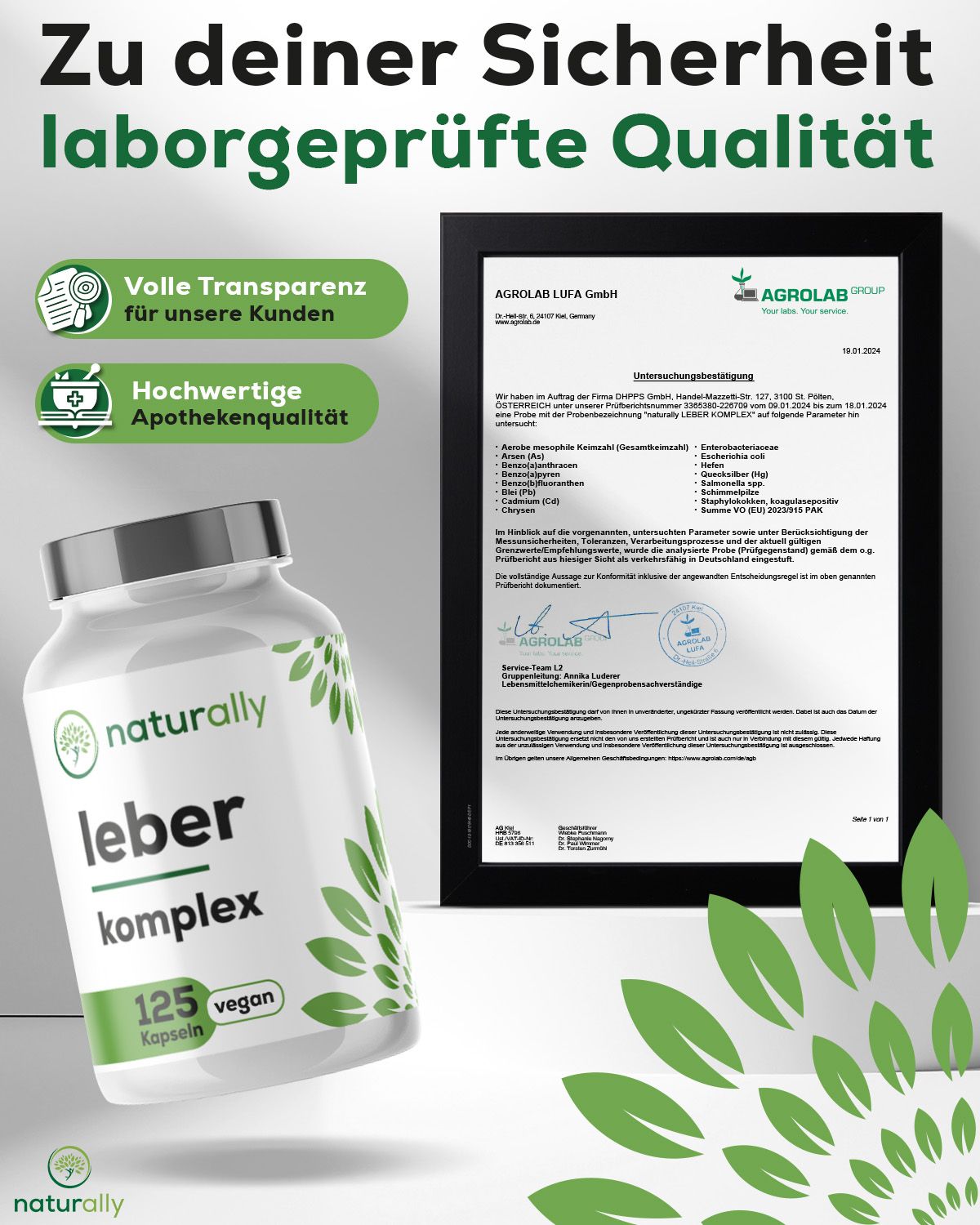 Weiße Flasche mit grünem Etikett. Aufschrift: naturally leber komplex. 125 Kapseln, vegan. Laborgeprüfte Qualität.