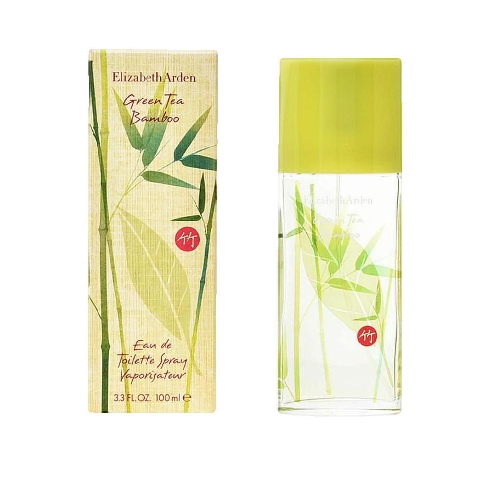 Flasche und Verpackung. Flasche: rechteckig, grün. Verpackung: beige mit Bambus-Motiv. Text: Elizabeth Arden Green Tea Bamboo.