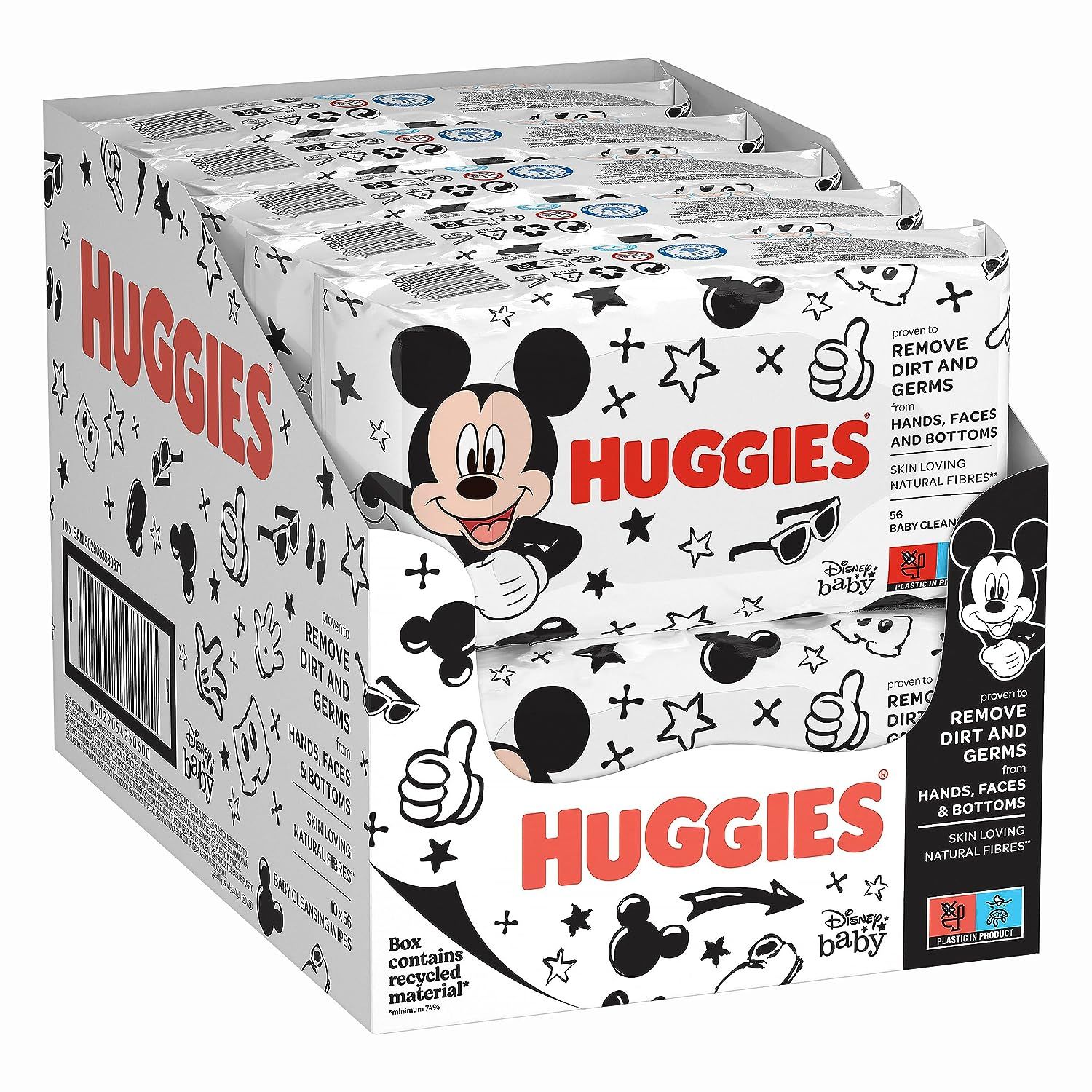 Huggies Feuchttücher Monatsbox. Verpackung mit mehreren Packungen. Mickey Mouse-Design. Schwarze und rote Schriftzüge. Enthält recyceltes Material.