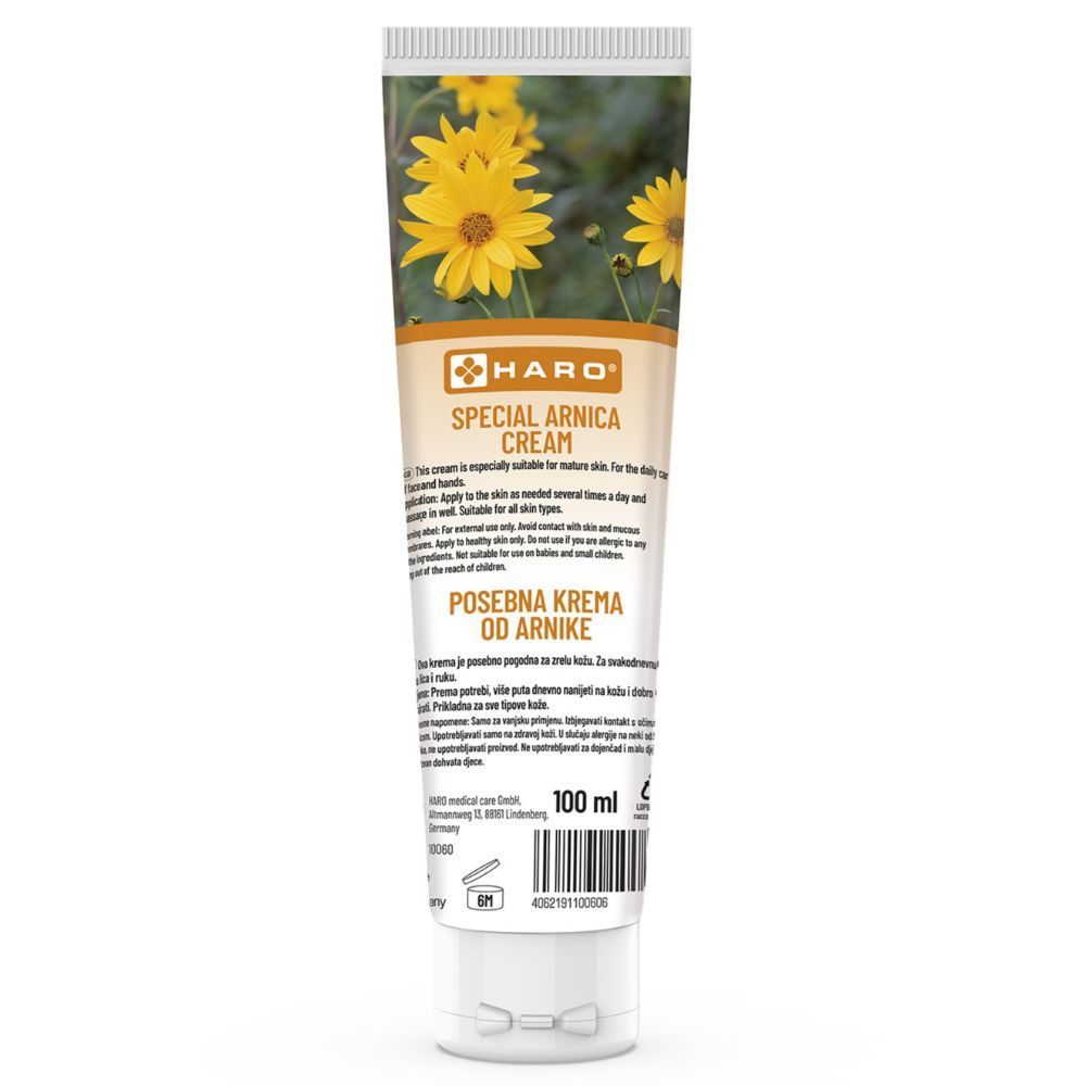 Creme-Tube mit gelben Blüten und Schriftzug. Text: Haro Special Arnica Cream. 100 ml. Weißer Deckel.