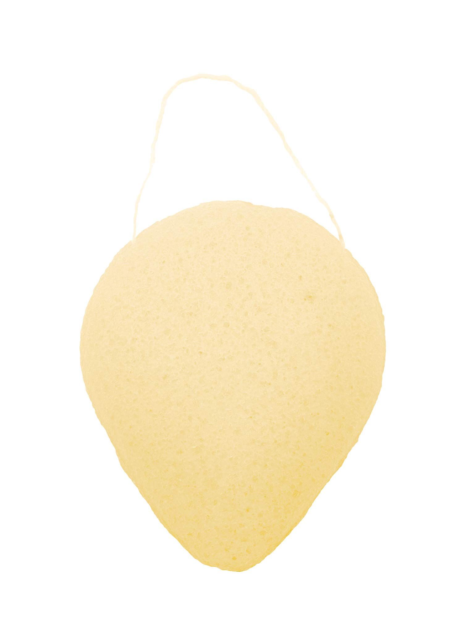 Gelber Schwamm, tropfenförmig, mit Aufhängeschlaufe. Porenstruktur sichtbar.