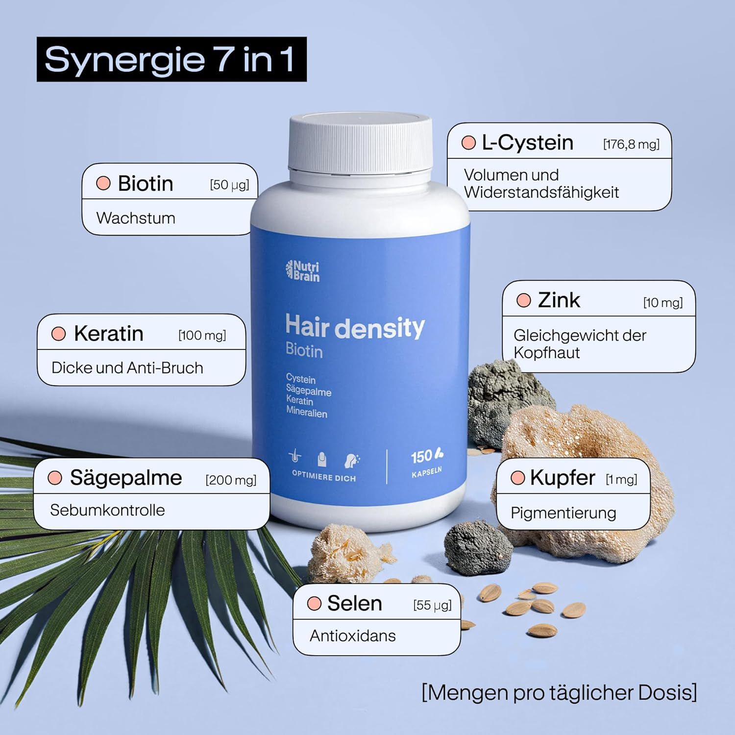 NutriBrain Hair Density Biotin Kapseln: 150 Kapseln. Enthält Biotin, Keratin, Sägepalme, Selen, L-Cystein, Zink, Kupfer.