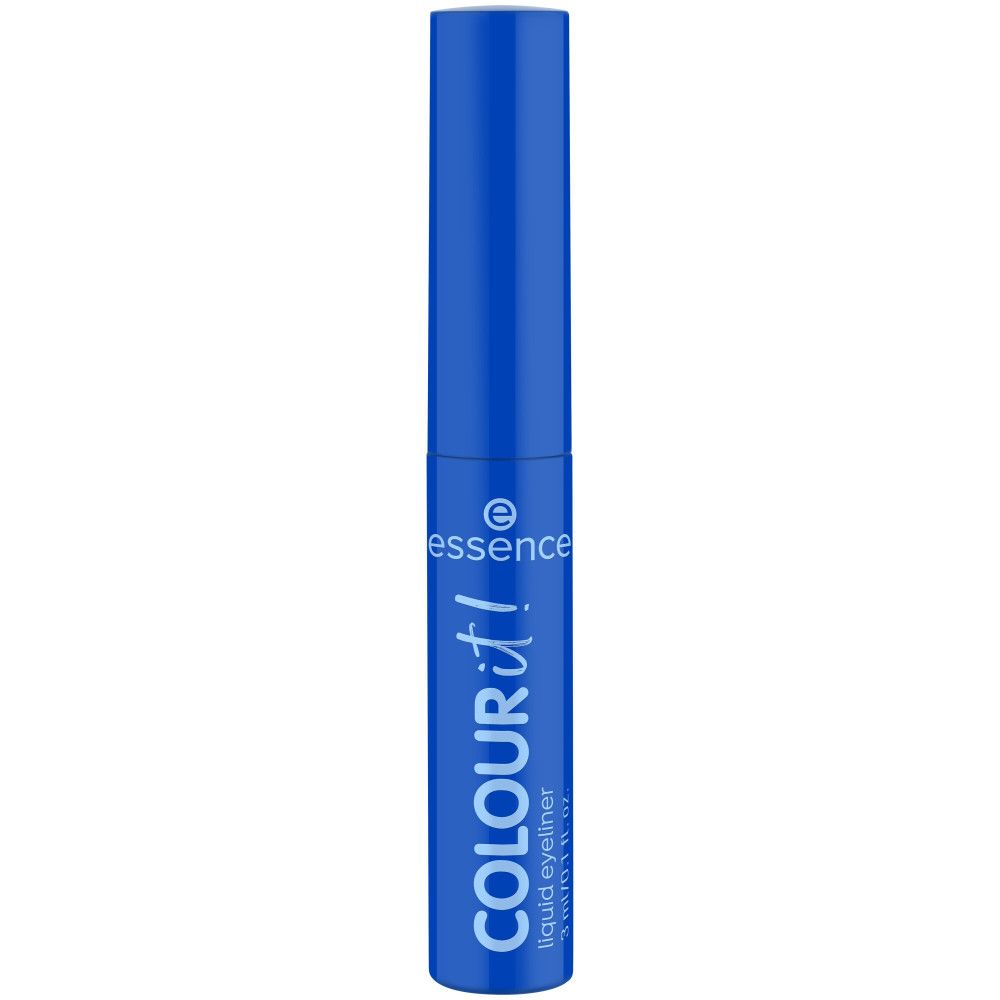 Blaue Eyeliner-Flasche mit Produktnamen und Marke. Vertikale Ansicht.