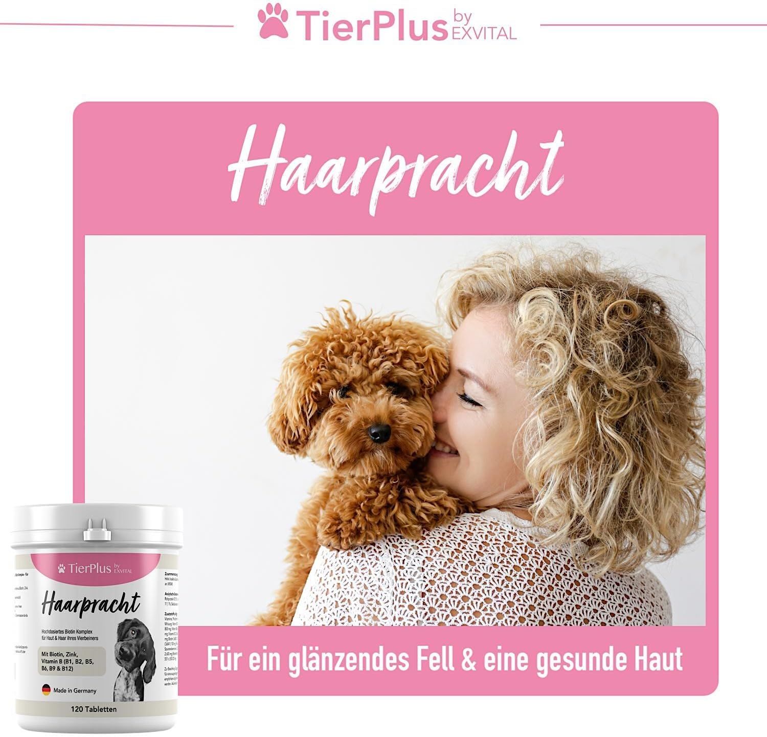 Frau mit Pudel und Dose TierPlus Haarpracht Tabletten für glänzendes Fell und gesunde Haut.
