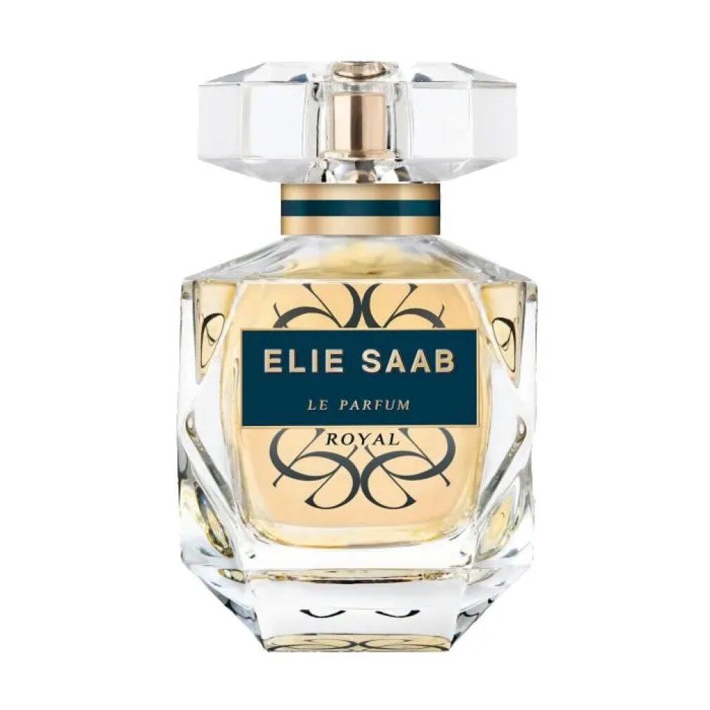 Parfümflakon mit goldfarbenem Verschluss und blauem Etikett mit goldfarbenem Schriftzug: Elie Saab Le Parfum Royal. Transparenter Flakon.