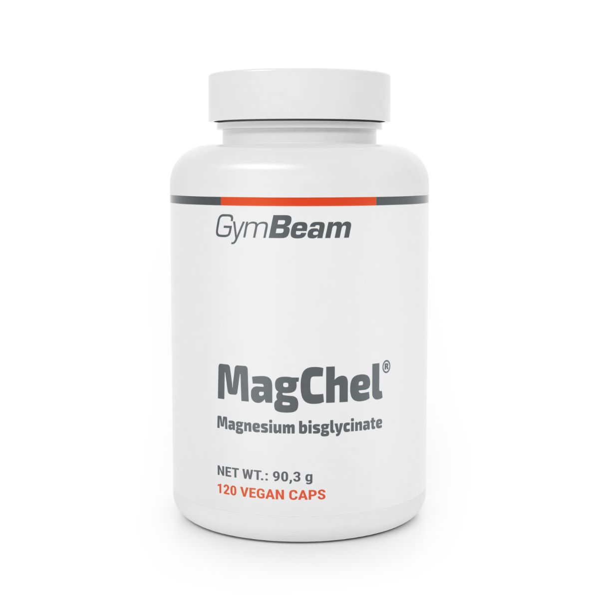 Weiße Dose mit GymBeam Logo, MagChel Magnesium Bisglycinat, 120 vegane Kapseln.