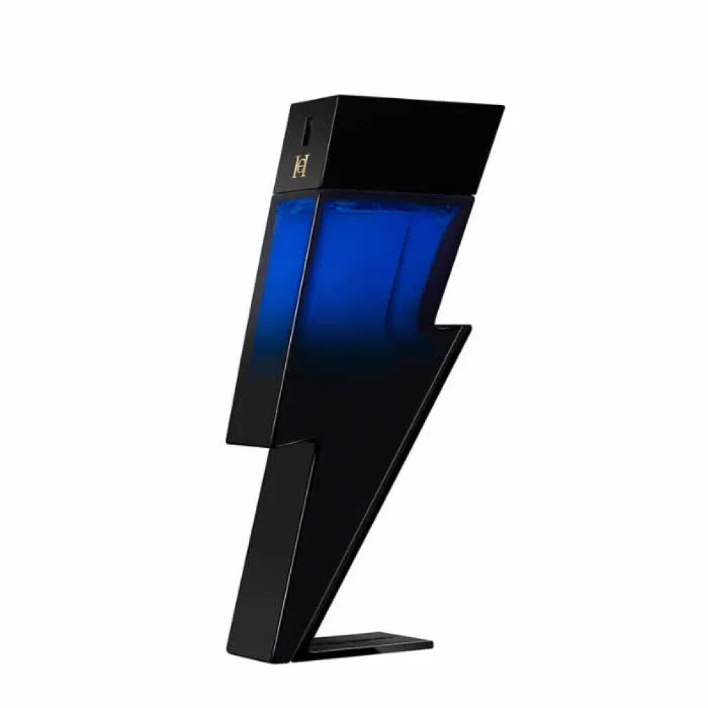 Schwarzer Flakon in Blitzform. Blaue Flüssigkeit sichtbar. Schwarzer Deckel. Steht auf einer kleinen Basis.