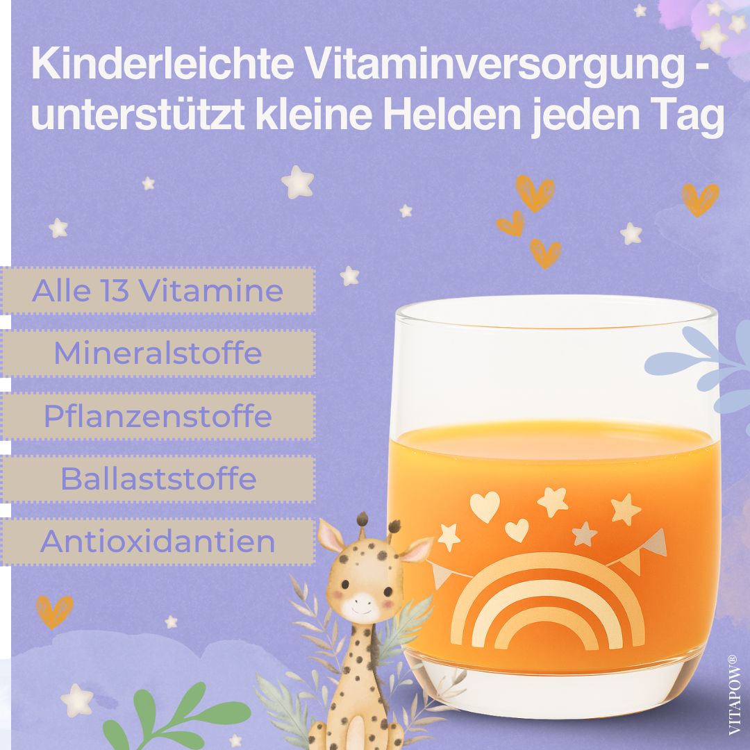 Vitapow Kinder Multivitamin: Glas mit orangefarbenem Getränk, dekoriert mit bunten Sternen und Girlanden.