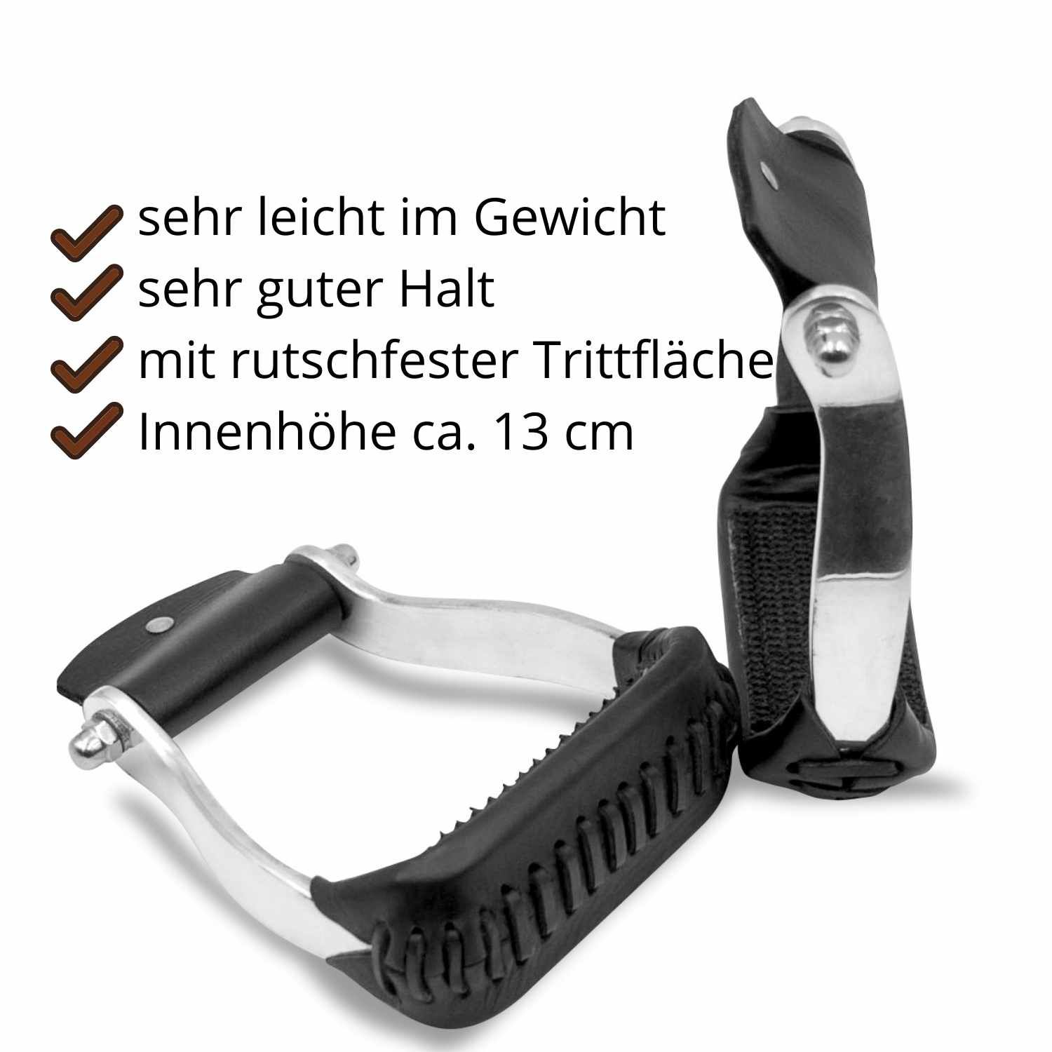 Zwei Westernsteigbügel. Aluminium, schwarz und silberfarben. Rutschfeste Trittfläche. Innenhöhe ca. 13 cm. Text: sehr leicht im Gewicht, sehr guter Halt.