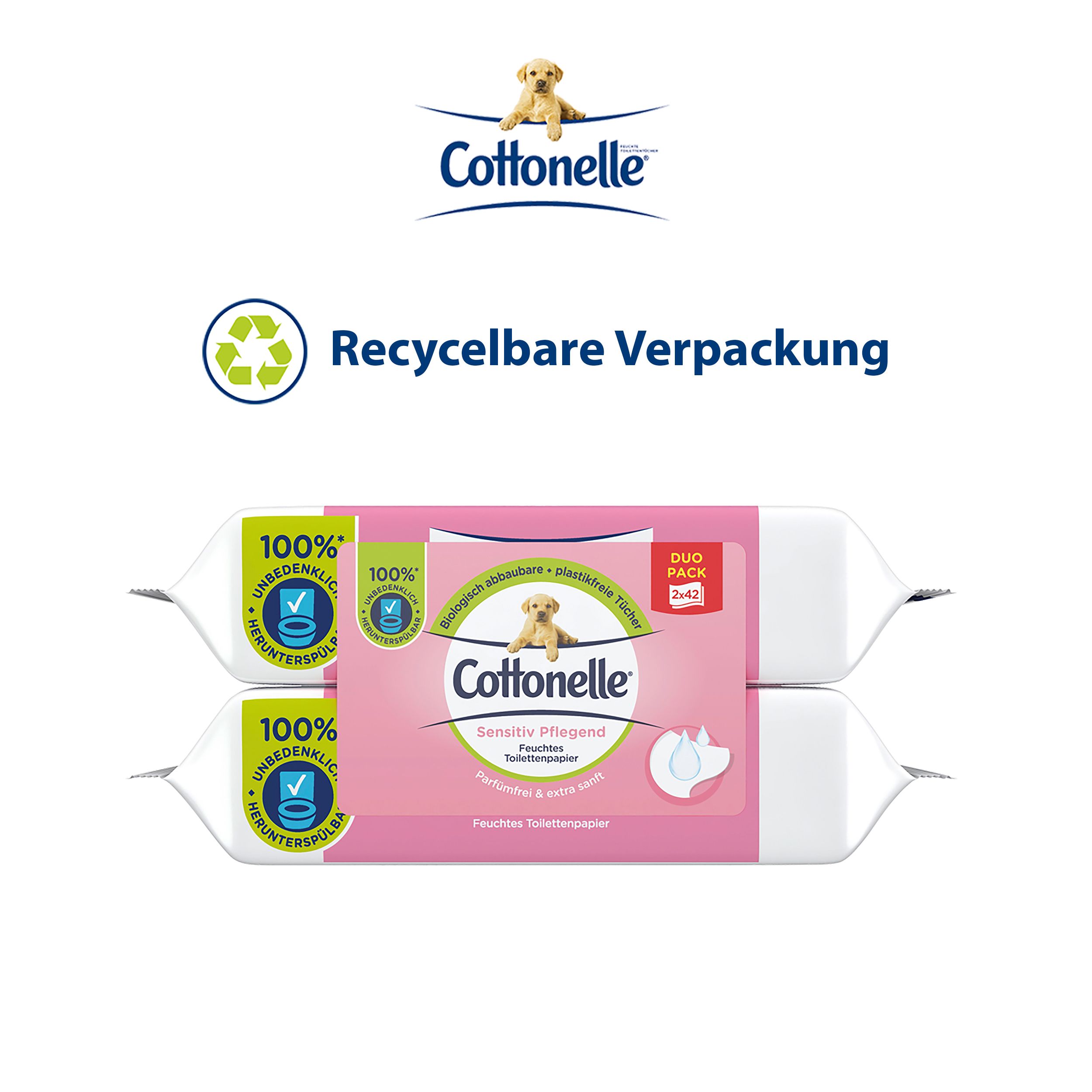 Cottonelle Feuchttücher Duo-Pack. Rosa Verpackung mit Welpen-Motiv. Recycelbare Verpackung.