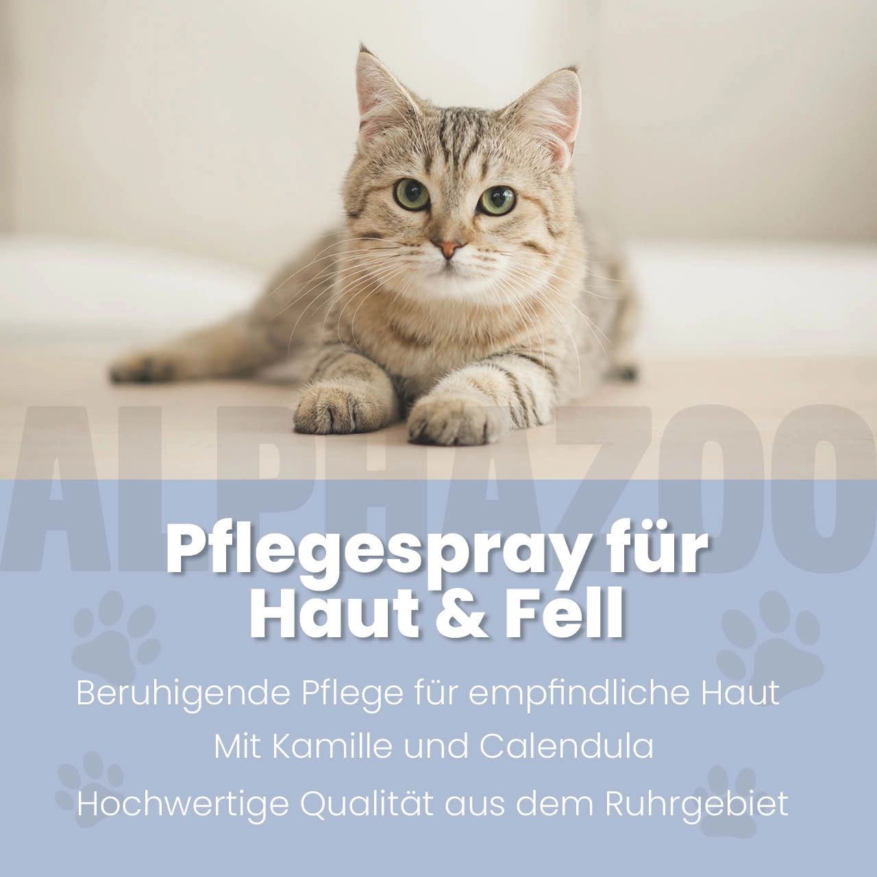 Katze liegt auf hellem Untergrund. Text: Pflegespray für Haut & Fell. Beruhigende Pflege mit Kamille und Calendula.