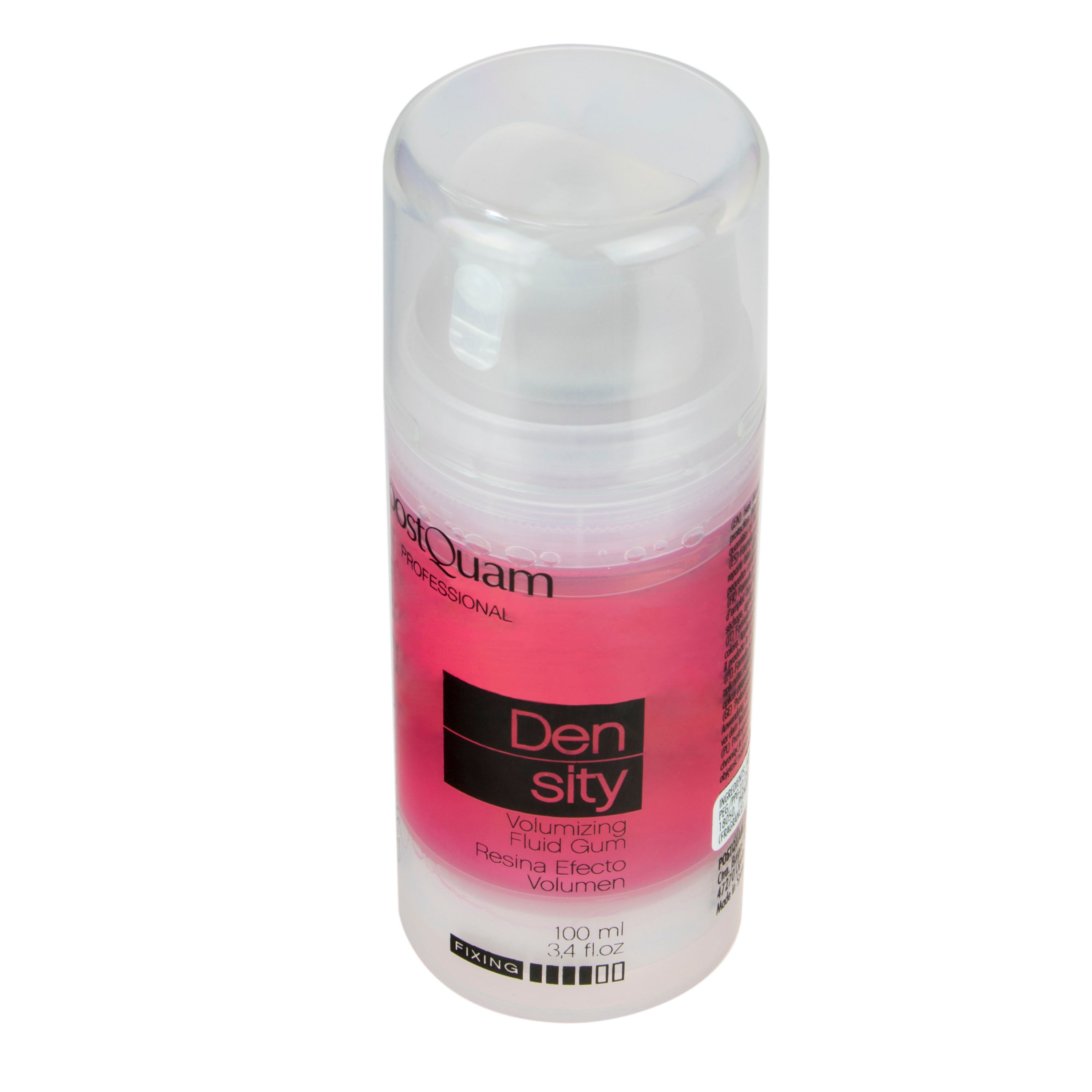 Zylindrische Flasche mit rosa Flüssigkeit. Aufschrift: Postquam, Extraordinhair, Density. Mit weißem Pumpkopf.