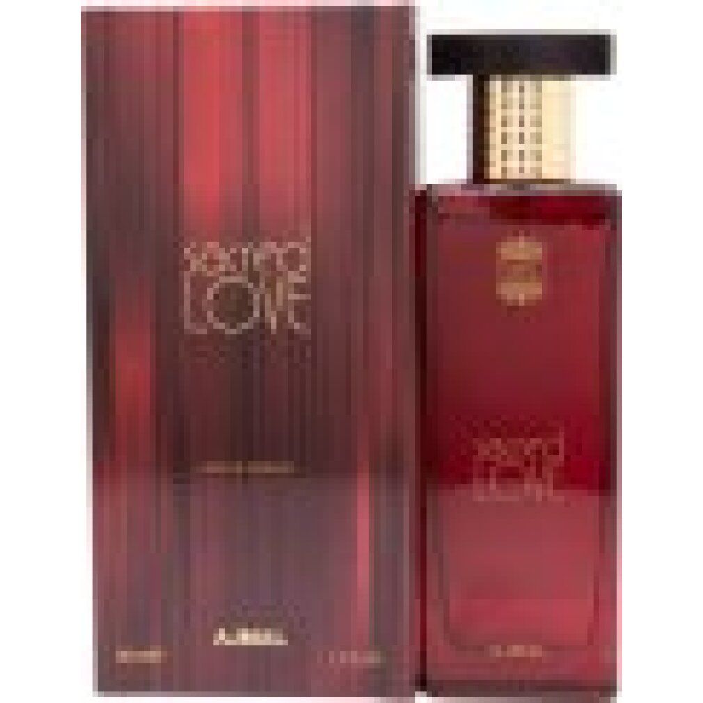 Rote Flasche und Schachtel. Aufschrift "sacred LOVE" und "AJMAL".