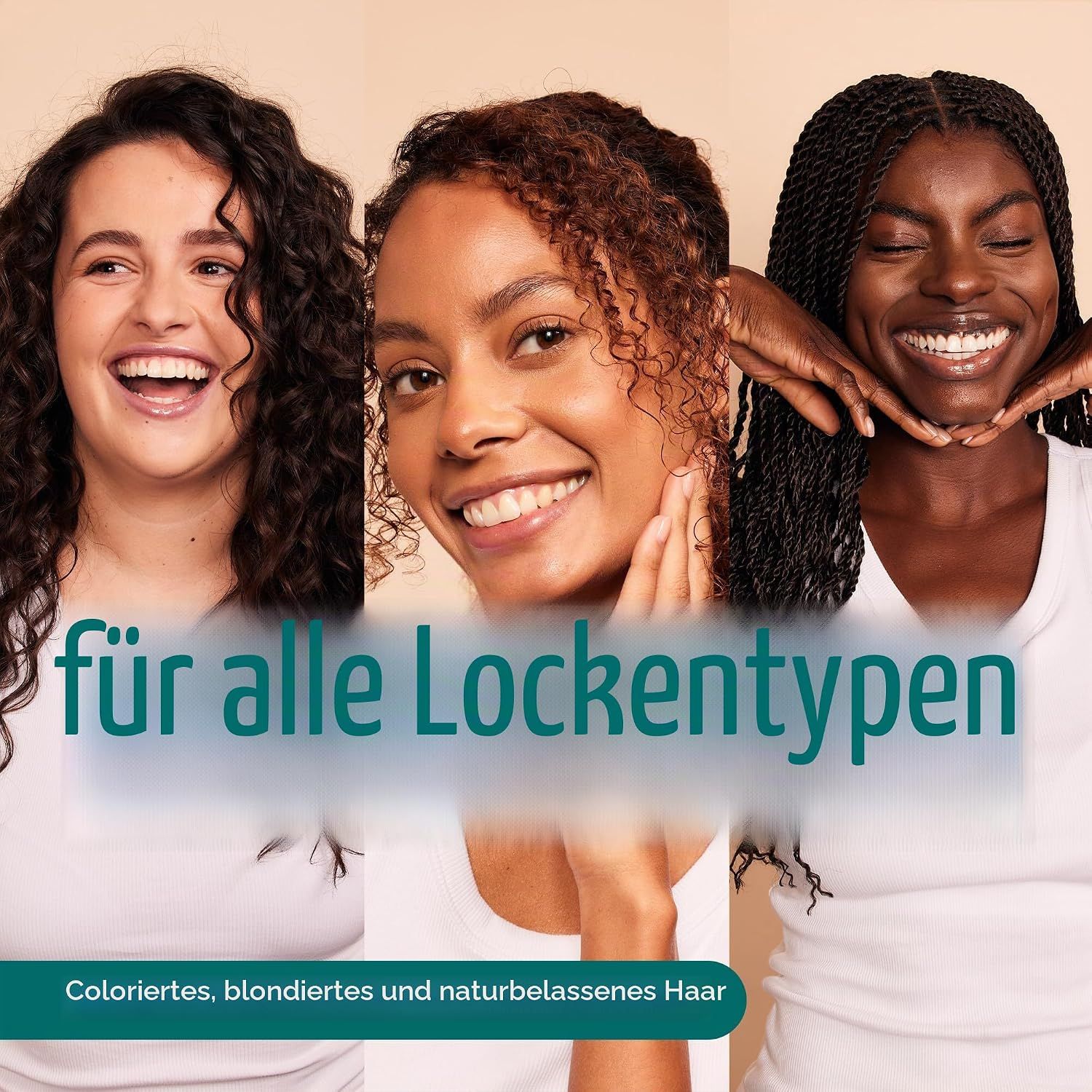 Drei Frauen mit unterschiedlichen Haartypen lächeln.