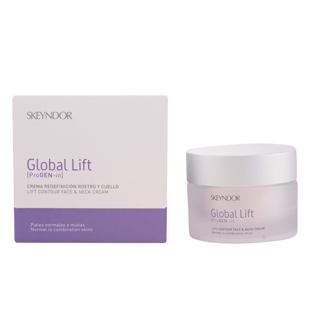 Creme-Tiegel und Schachtel. Aufschrift: Skeyndor Global Lift. Text in mehreren Sprachen.