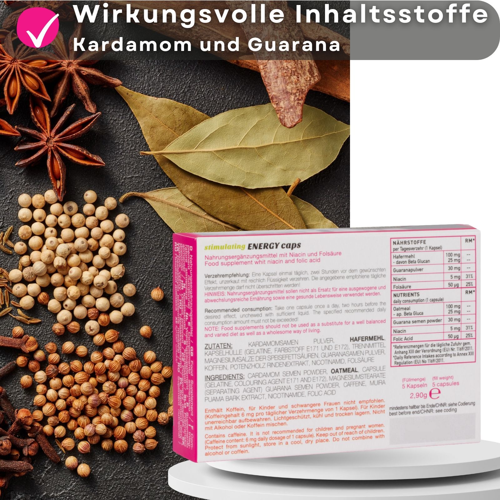 Rückseite der Verpackung mit Inhaltsstoffen und Nährwertangaben. Text in Deutsch.