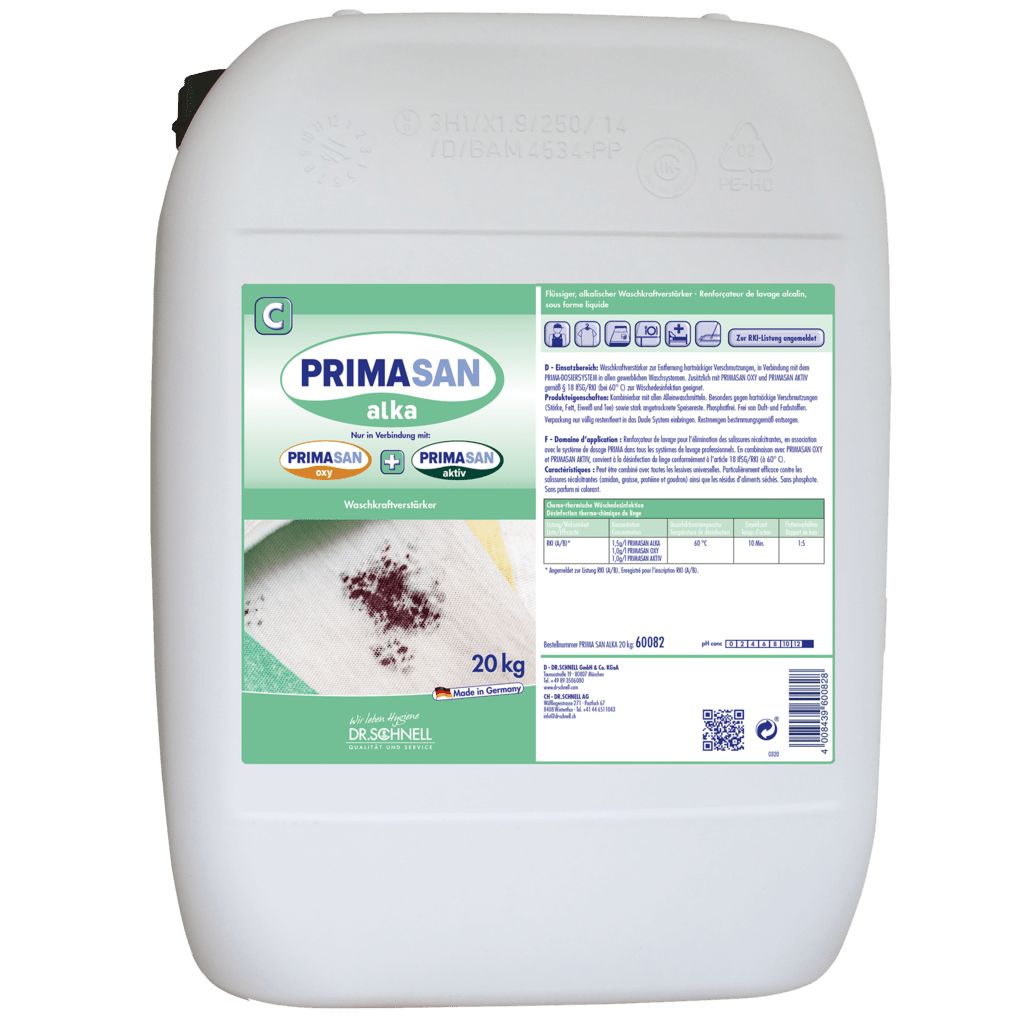 Weißer Kanister mit Etikett. Aufschrift PRIMASAN alka. 20 kg. Mit Abbildung eines Flecks auf einem Tuch.