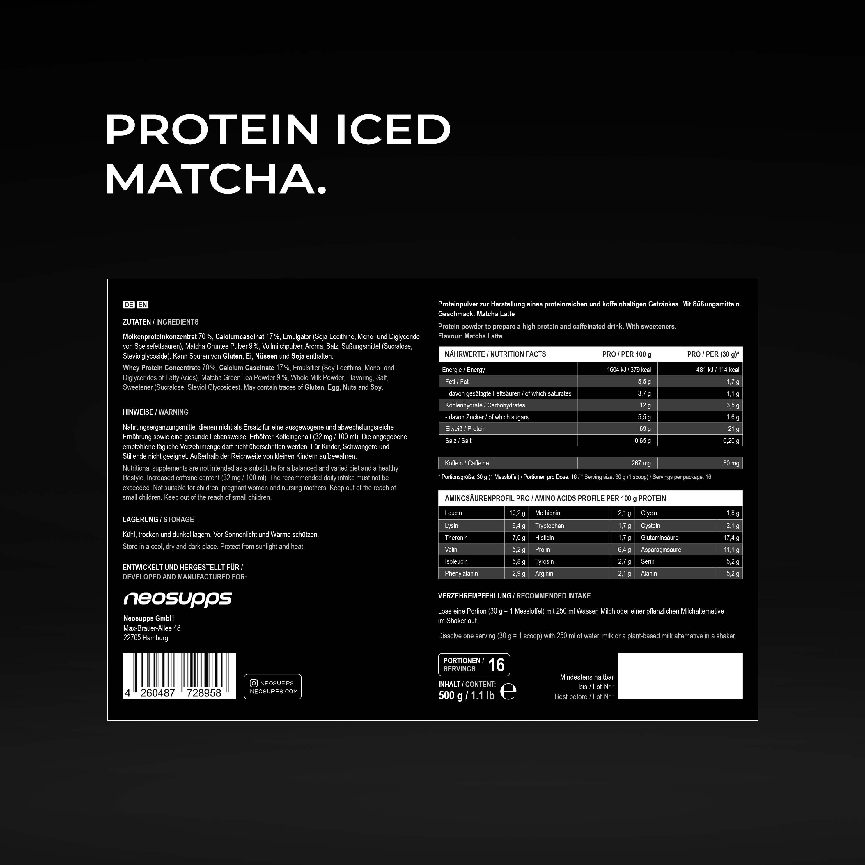 Neosupps Protein Iced Matcha Latte mit echtem Matcha, Eiweißpulver