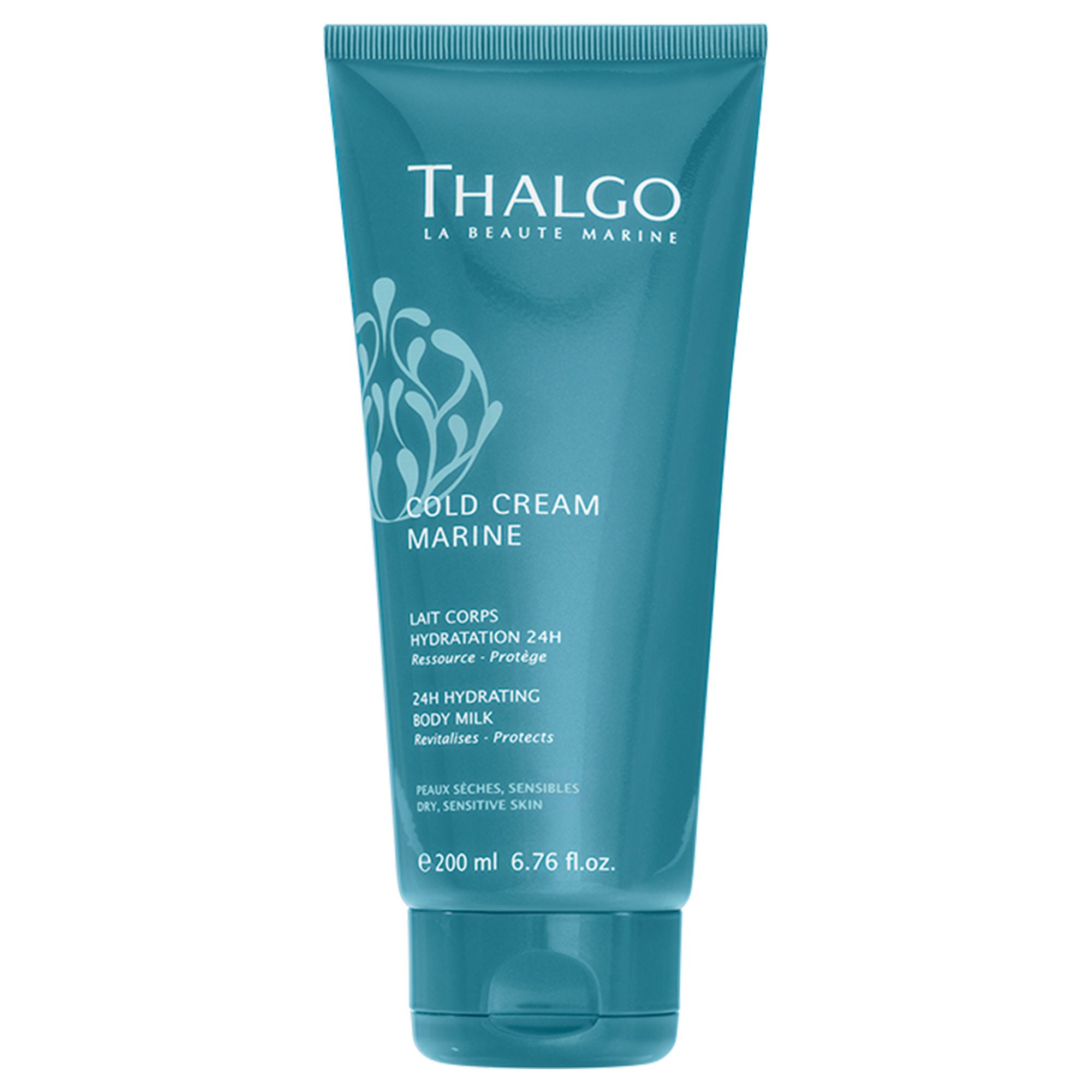 Türkisblaue Tube mit weißer Schrift. Aufschrift: THALGO, COLD CREAM MARINE, 24H Hydrating Body Milk. Für trockene, empfindliche Haut.