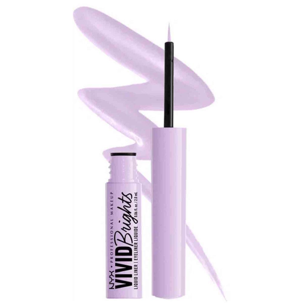Geöffneter lila flüssiger Eyeliner mit Applikator und Farbspritzer.