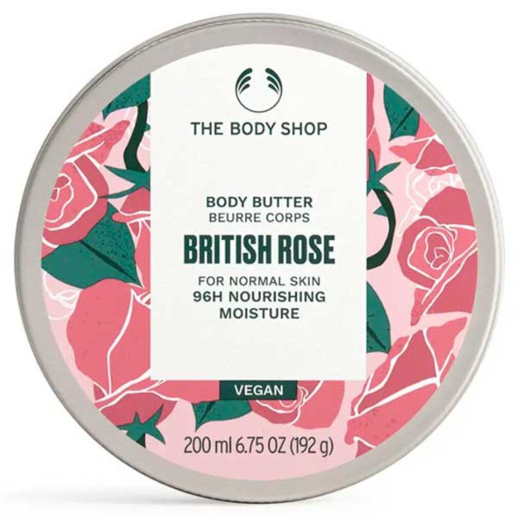 Runde Dose mit floralem Muster und Produktinformationen. Aufschrift: British Rose Body Butter, vegan, 200 ml.