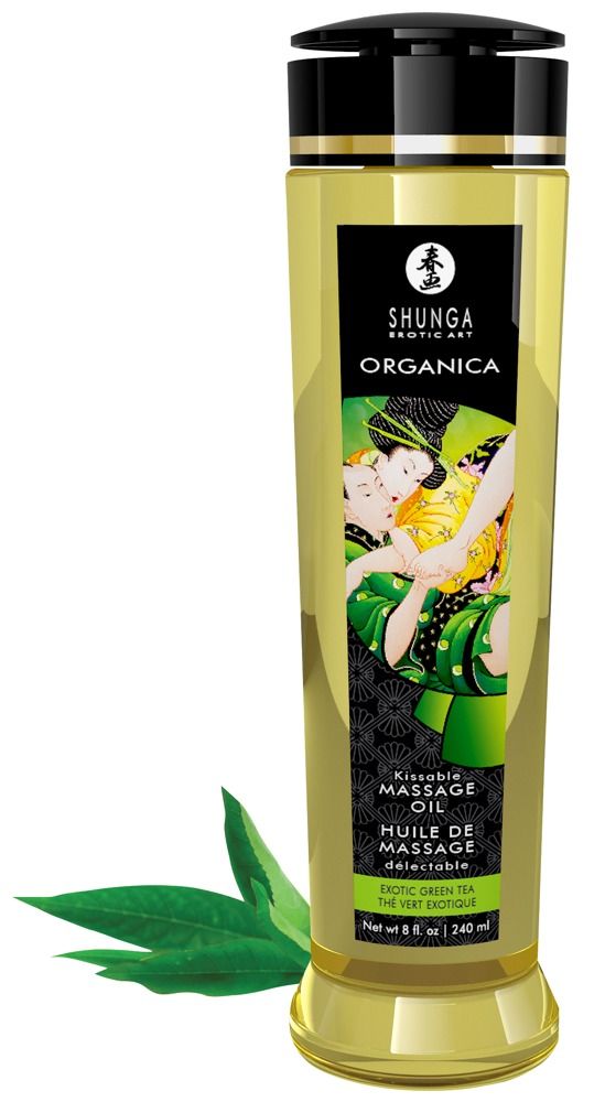 Grüne Massageölflasche mit schwarzem Deckel. Aufschrift: Shunga Organica. Mit Illustration und grünen Teeblättern.