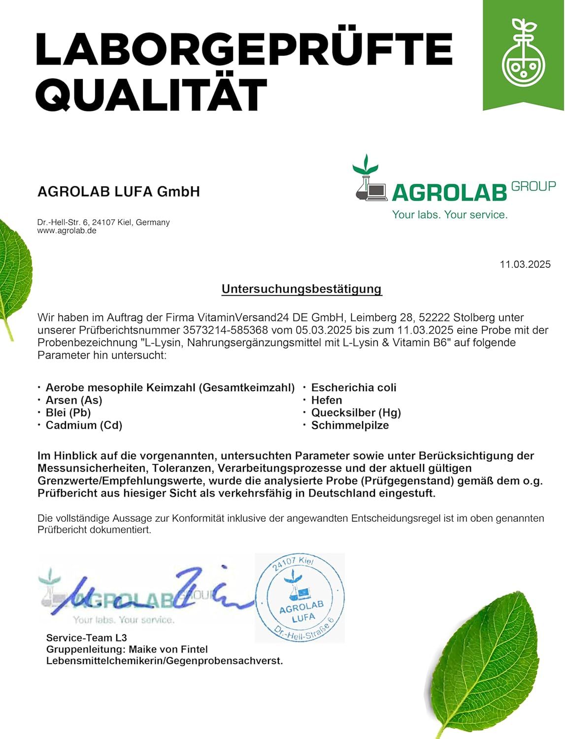 Laborbericht von AGROLAB LUFA GmbH. Analyse von L-Lysin & Vitamin B6. Ergebnisse, Unterschriften.