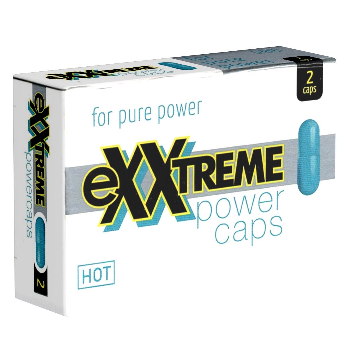 Schachtel mit blauen Kapseln. Aufschrift: eXXtreme power caps, für pure power. Marke: HOT. Zwei Kapseln sind abgebildet.