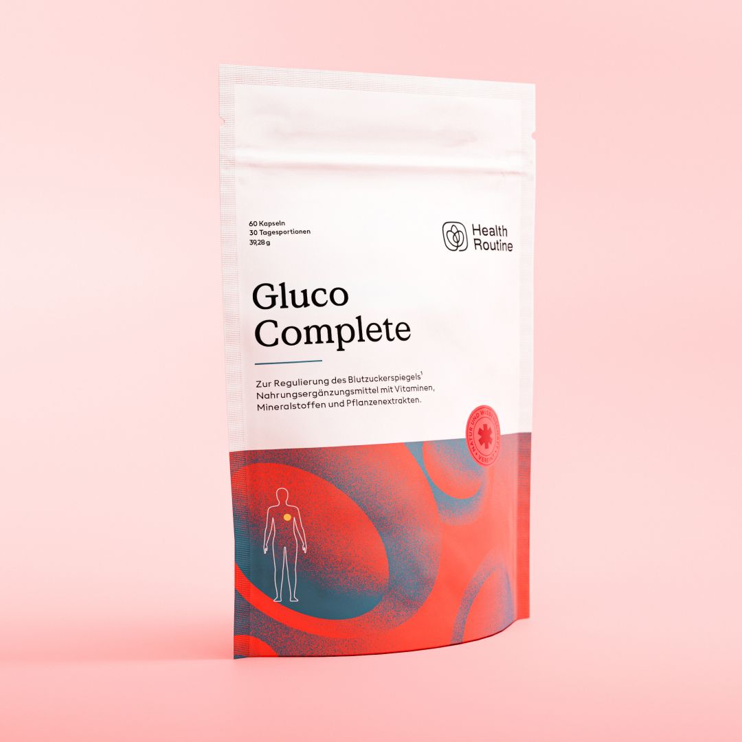 Verpackung von Gluco Complete Kapseln zur Regulierung des Blutzuckerspiegels.