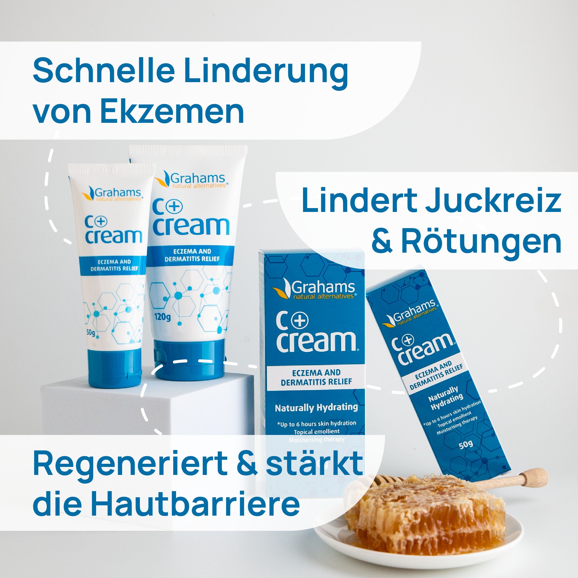 Grahams C+ Creme, 2 Tuben und eine Schachtel. Text: Schnelle Linderung von Ekzemen, lindert Juckreiz & Rötungen.