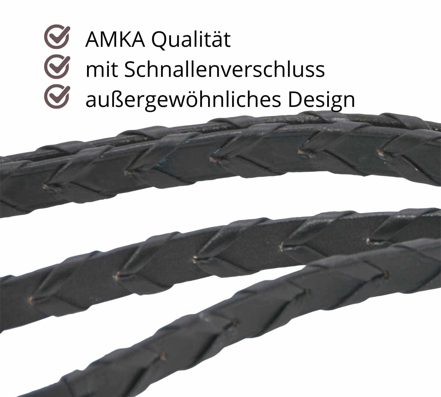 Geflochtener Lederzügel, Detailansicht. AMKA Qualität, mit Schnallenverschluss, außergewöhnliches Design.