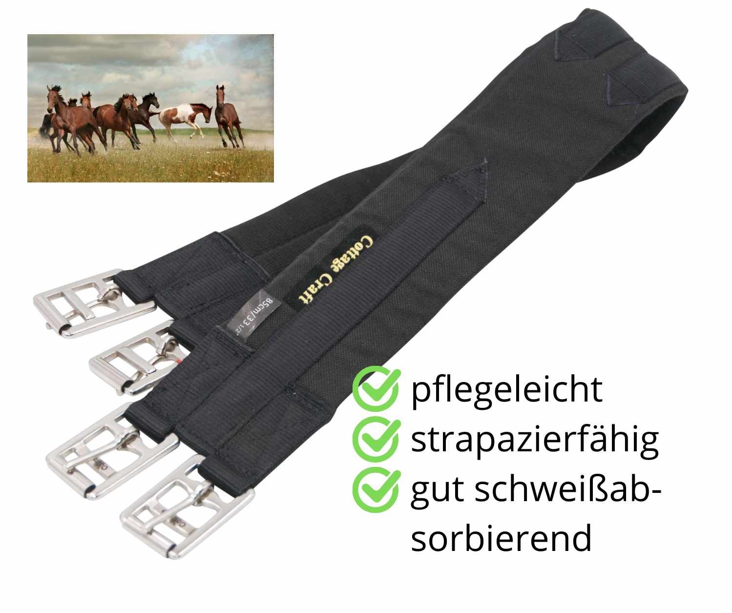 Schwarzer Sattelgurt aus Baumwolle mit silberfarbenen Schnallen. Marke: Cottage Craft. Text: pflegeleicht, strapazierfähig, gut schweißabsorbierend.