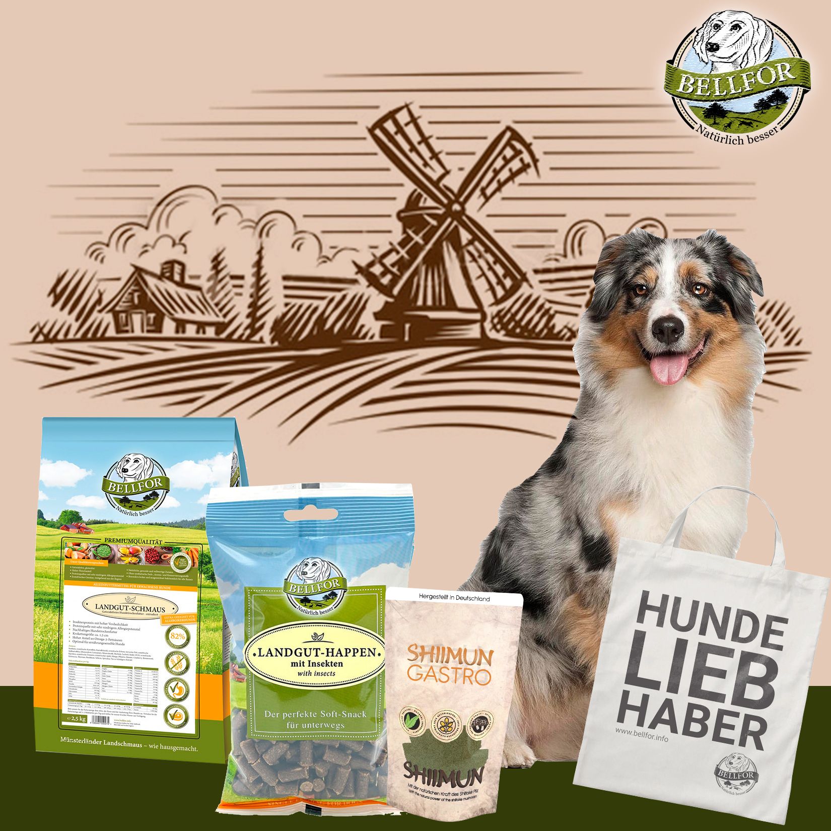 Verschiedene Bellfor-Produkte mit Hund und Tasche. Aufschrift: Hunde Liebhaber.