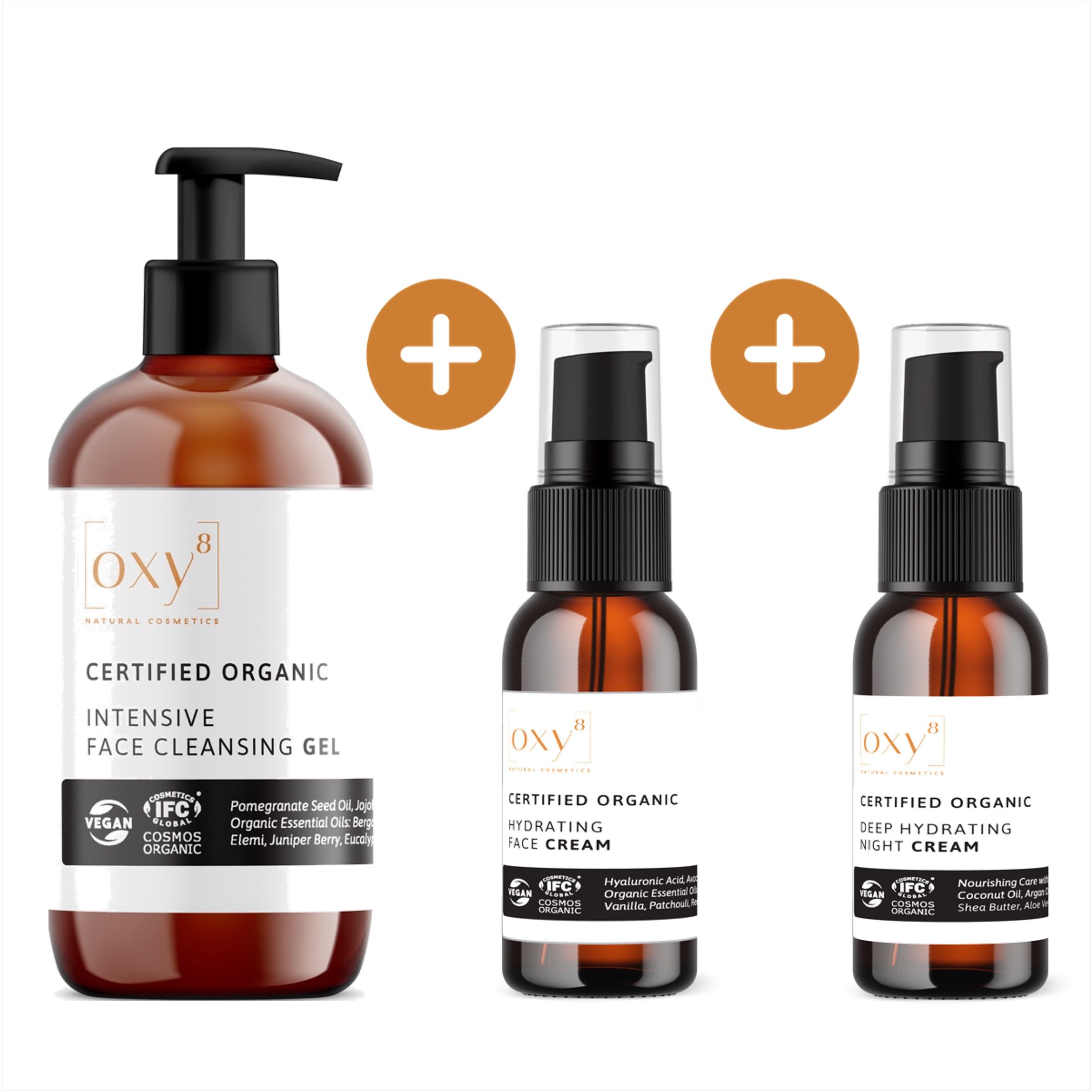 Drei Produkte: Reinigungs Gel, Tagescreme, Nachtcreme. Braune Flaschen mit schwarzen Pumpverschlüssen. Aufkleber mit Produktnamen und Zertifizierungen.