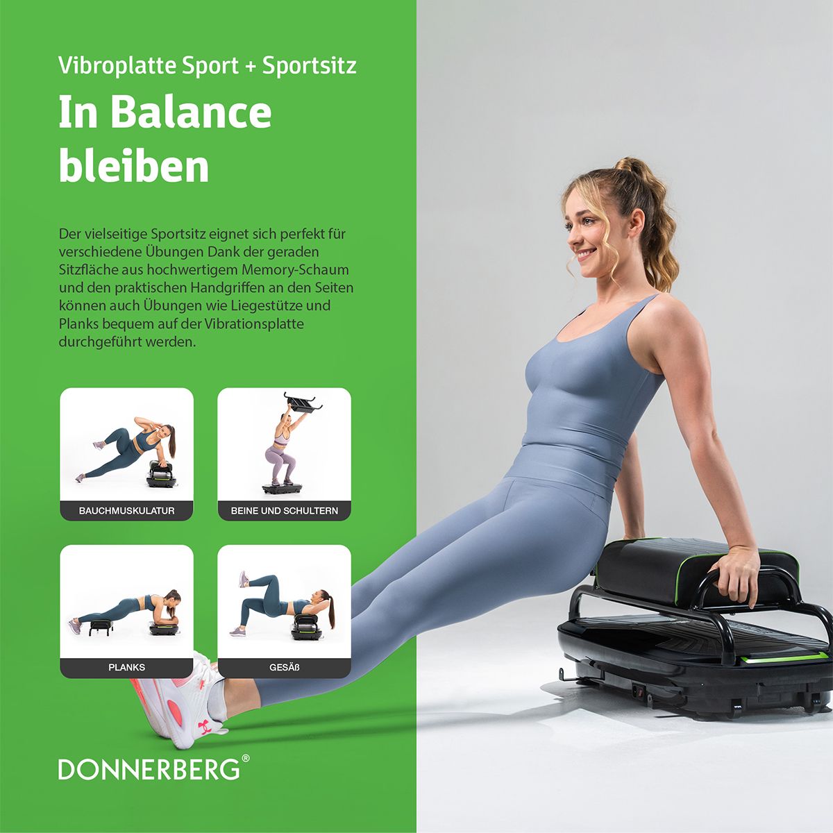 Frau auf Vibrationsplatte mit Sportsitz. Text: In Balance bleiben. Grafiken: Bauchmuskulatur, Beine und Schultern, Planks, Gesäß.