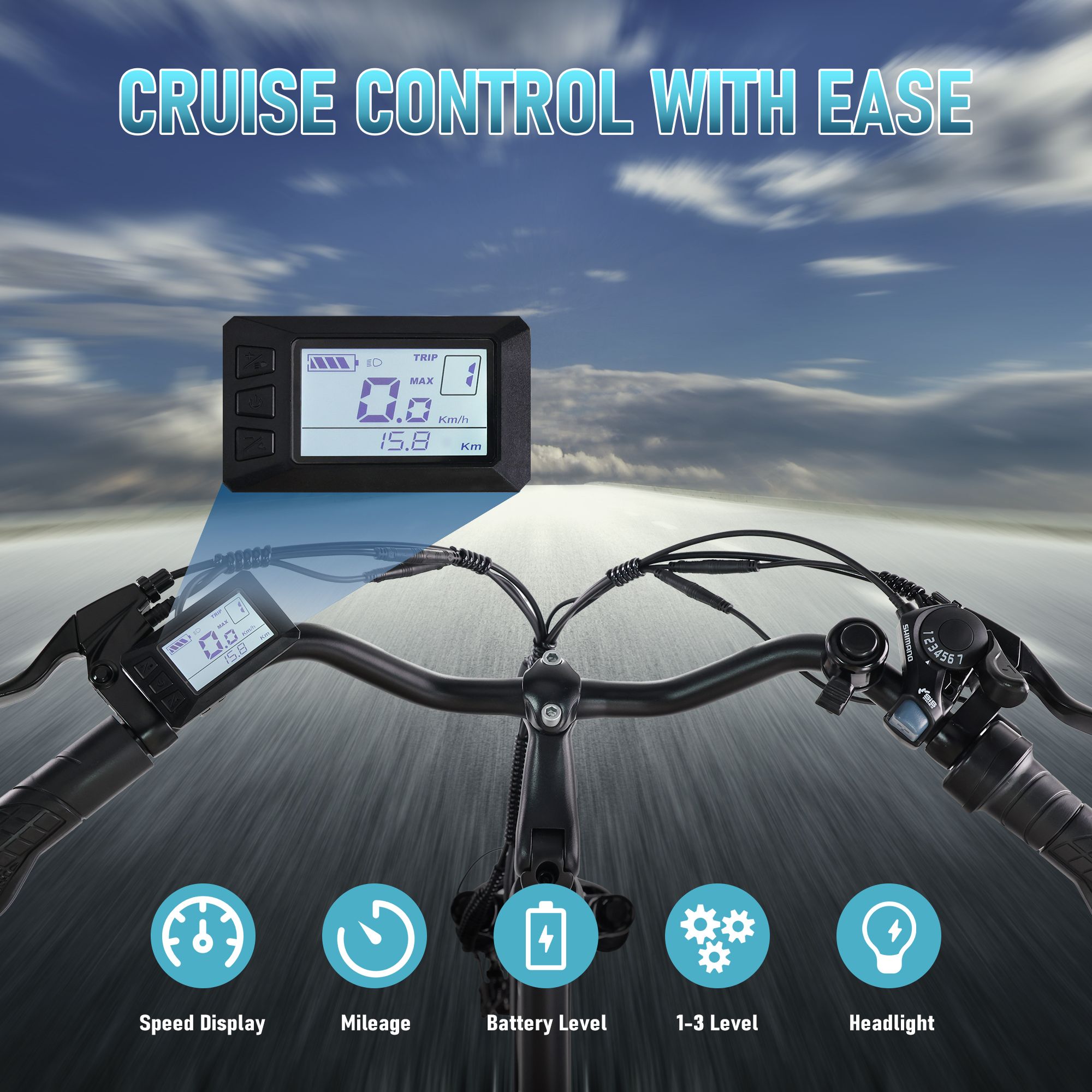 Fahrradlenker mit Display. Zeigt Geschwindigkeit, Kilometerstand, Akkustand, 1-3 Level und Scheinwerfer an. Blauer Himmel im Hintergrund.