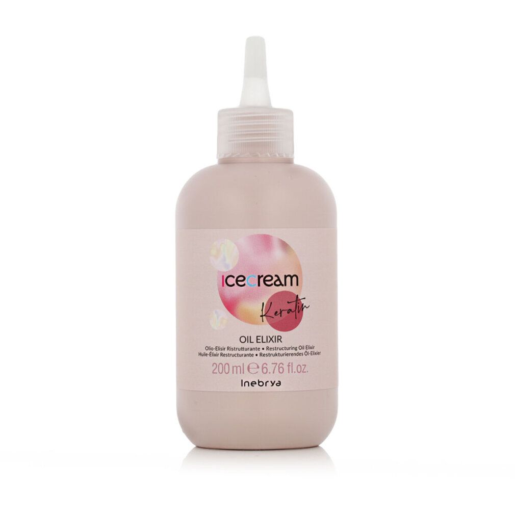 Flasche mit Haaröl-Elixier. Rosa Flasche mit weißem Applikator. Aufschrift: Ice Cream Keratin, Oil Elixir, 200 ml.