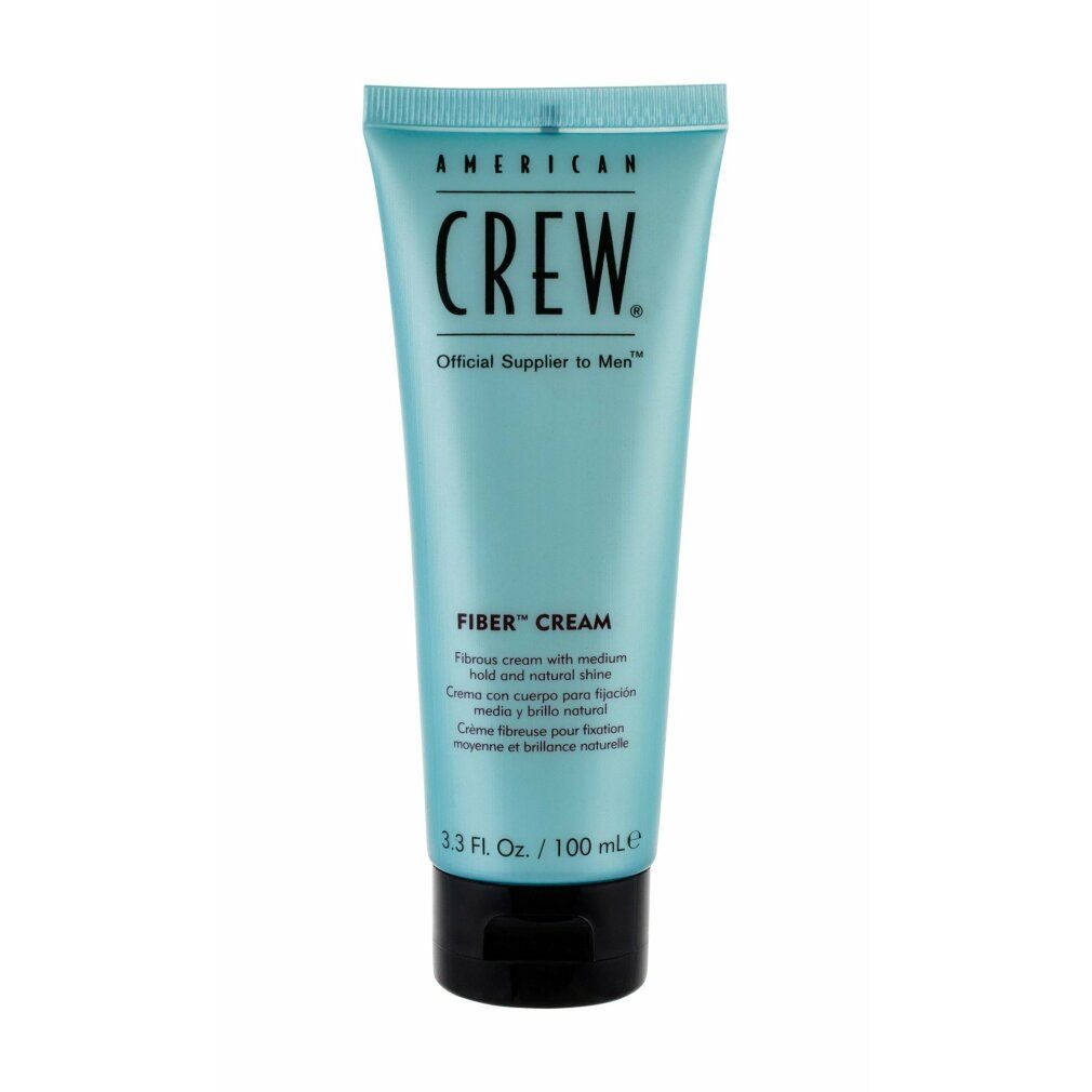 Hellblaue Tube mit schwarzem Deckel. Aufschrift: AMERICAN CREW, FIBER CREAM. Volumen: 100 ml.