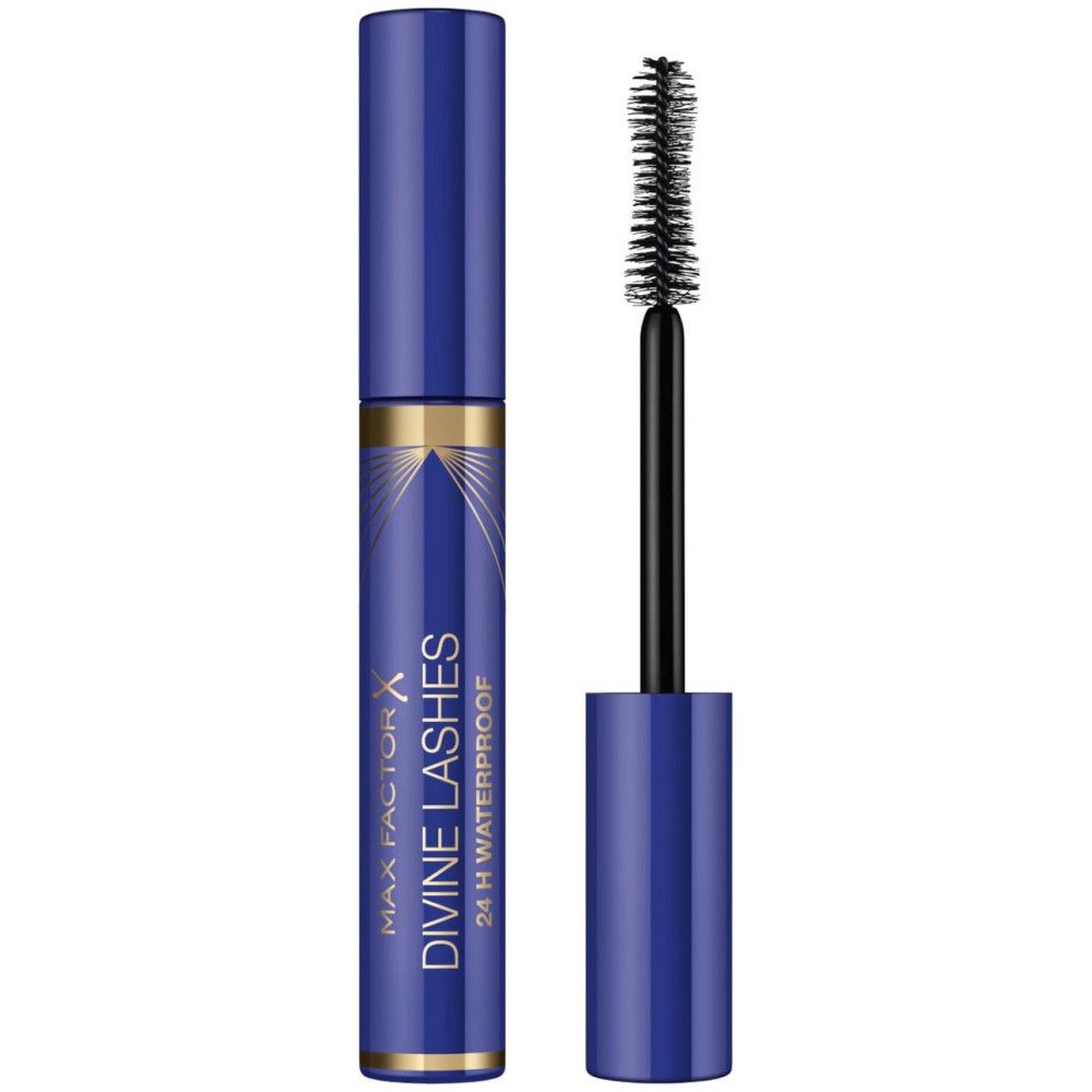 Blaue Tube Max Factor Divine Lashes Wimperntusche mit schwarzer Bürste. Goldfarbene Akzente. Text: Divine Lashes, 24H Waterproof.