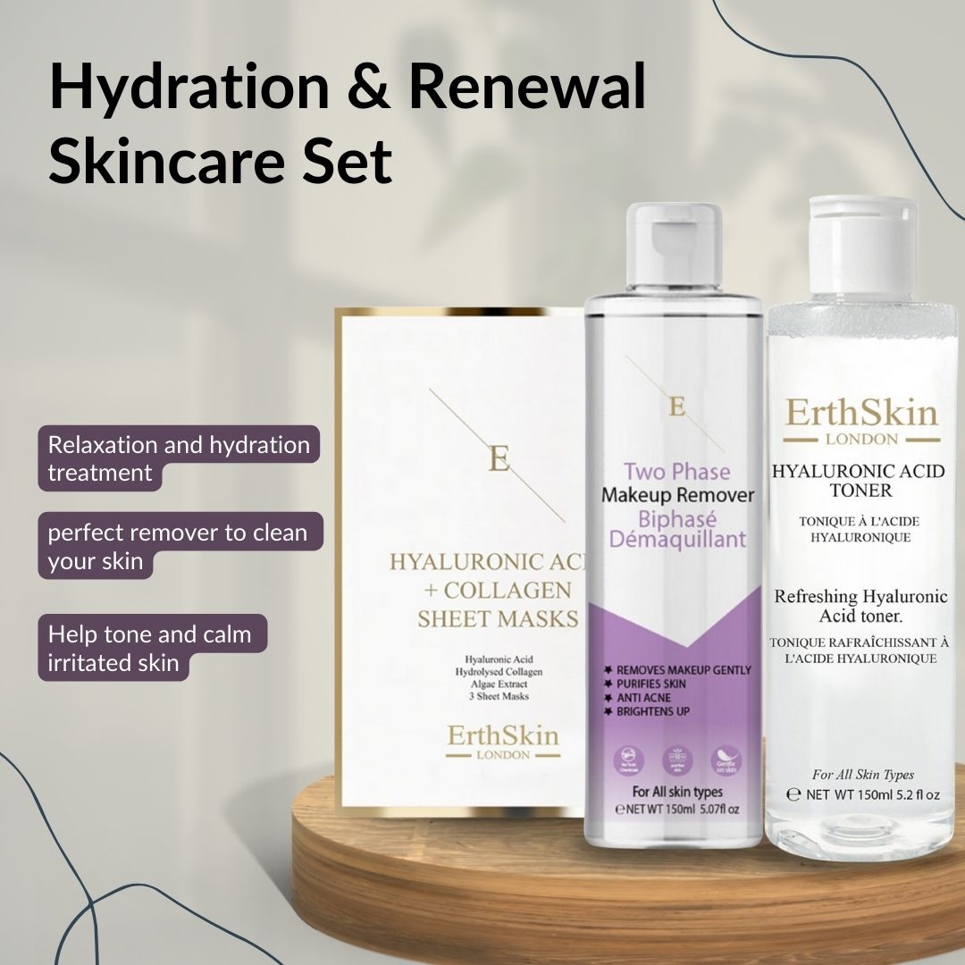 ErthSkin London Set: Hyaluron-Toner, Make-up-Entferner und Kollagenmasken. Auf Holzsockel. Text: Hydratation & Erneuerung Skincare Set.