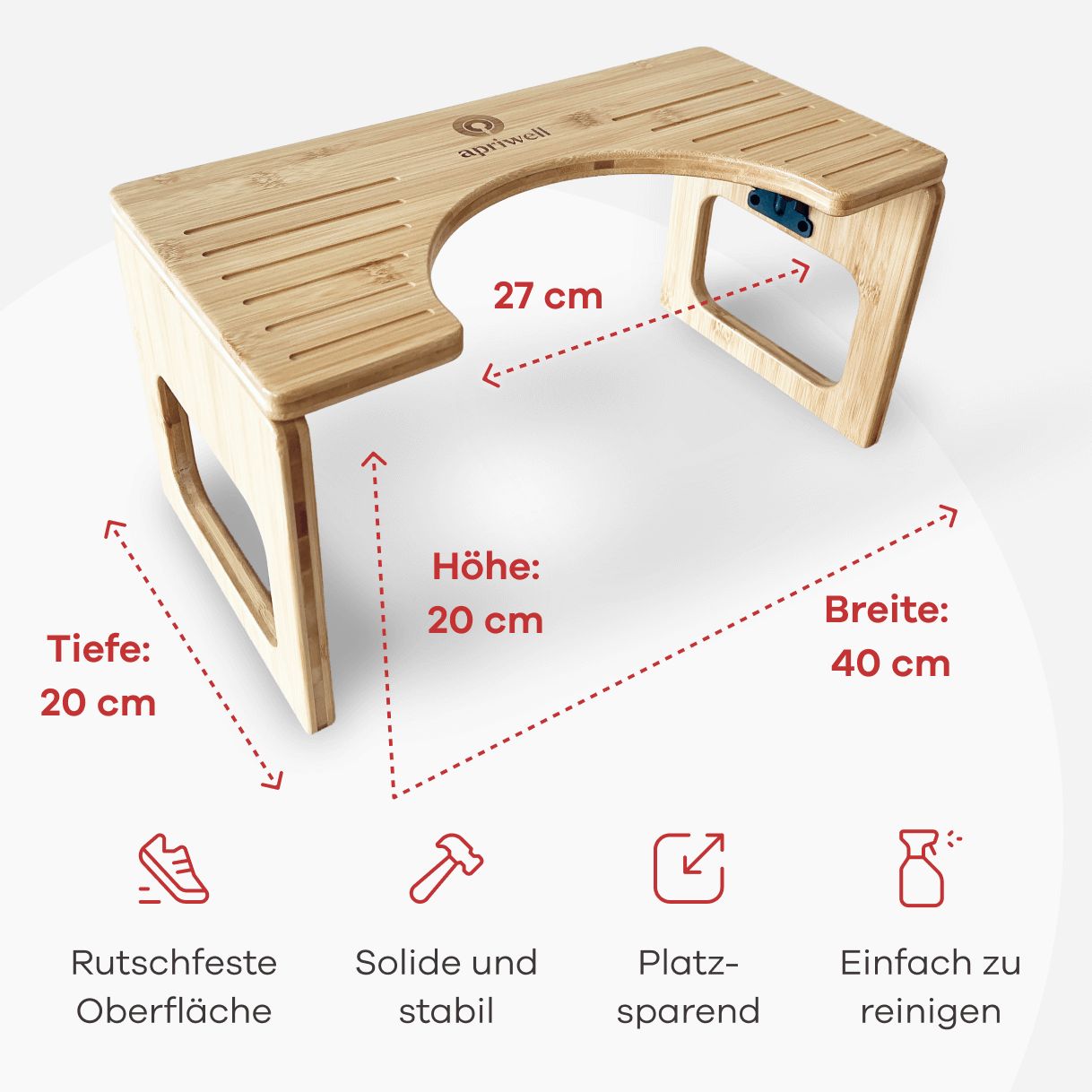 Bambus-Toilettenhocker mit Maßen: Tiefe 20 cm, Höhe 20 cm, Breite 40 cm. Text: rutschfeste Oberfläche, solide, platzsparend, leicht zu reinigen.