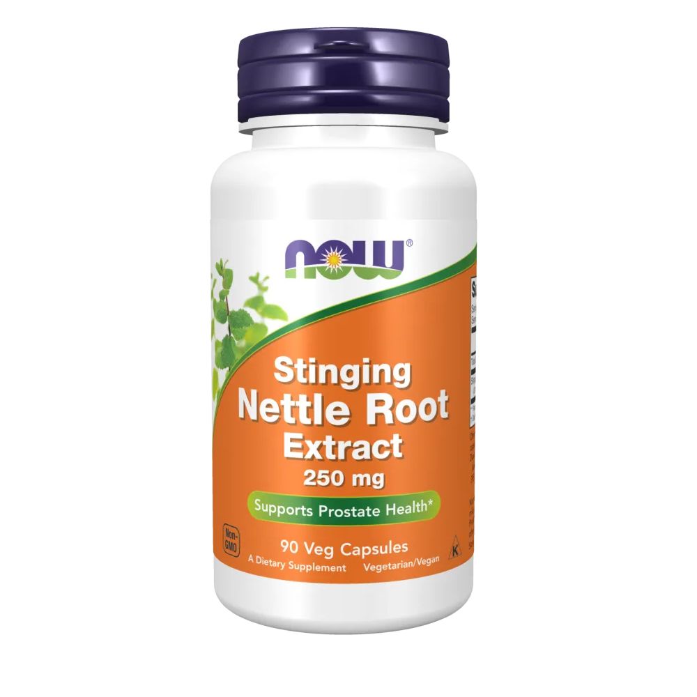 Weiße Flasche mit lila Deckel. Aufschrift: Stinging Nettle Root Extract, 250 mg. Unterstützt die Gesundheit der Prostata. 90 Veg-Kapseln.